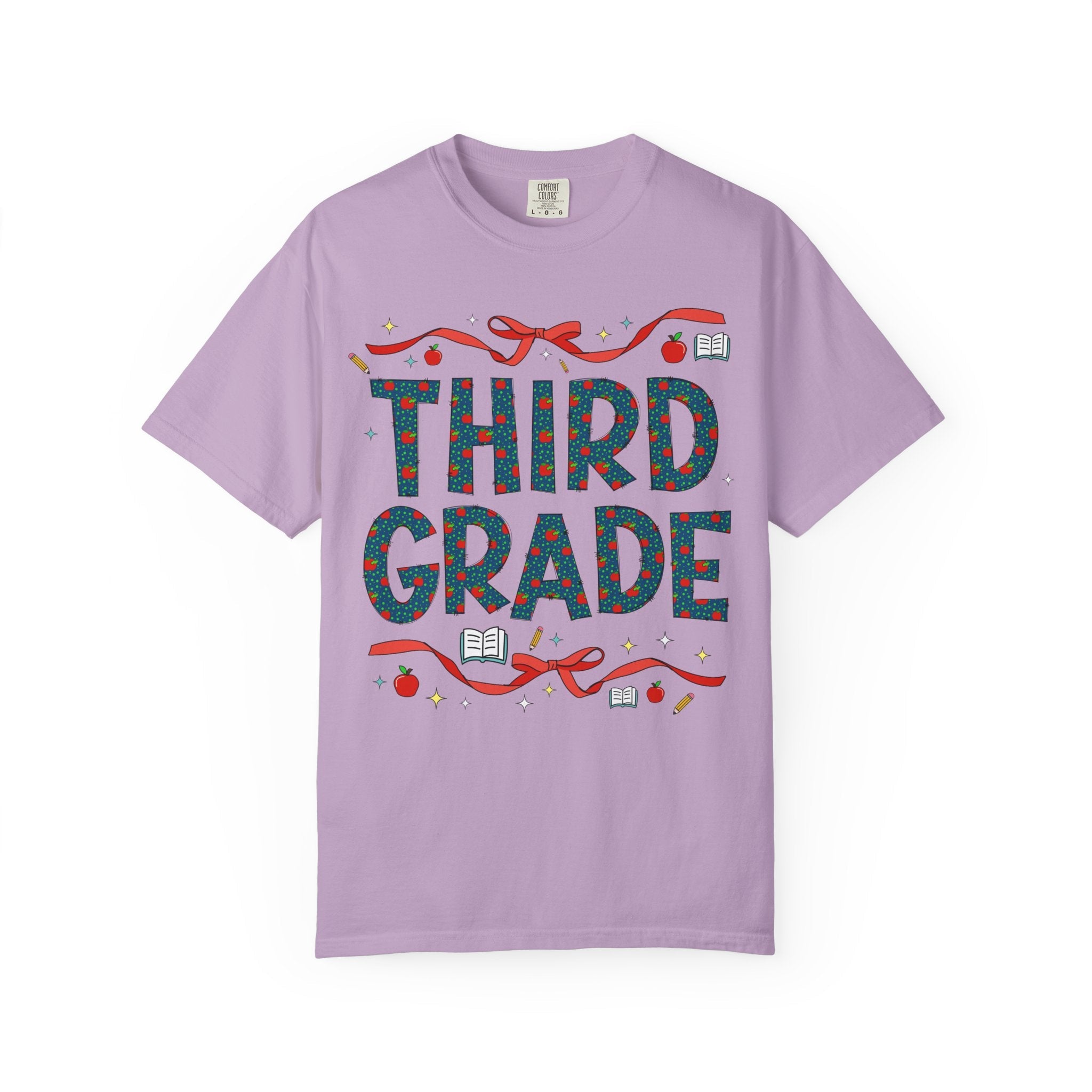 Third Grade Teacher Tee Shirt with Cute Bows and Retro Apples, Teacher Team T-Shirt for Back to School, First Day of School Matching Tee - Opal and June