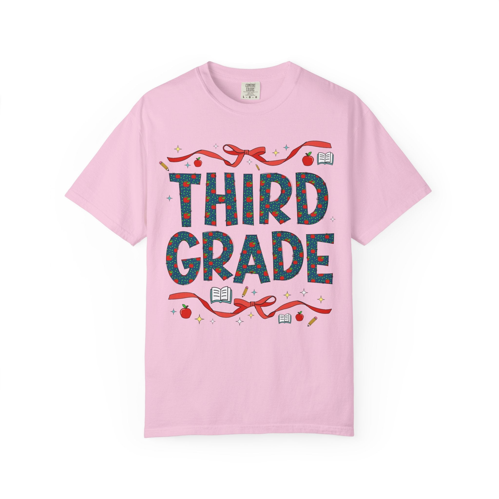 Third Grade Teacher Tee Shirt with Cute Bows and Retro Apples, Teacher Team T-Shirt for Back to School, First Day of School Matching Tee - Opal and June