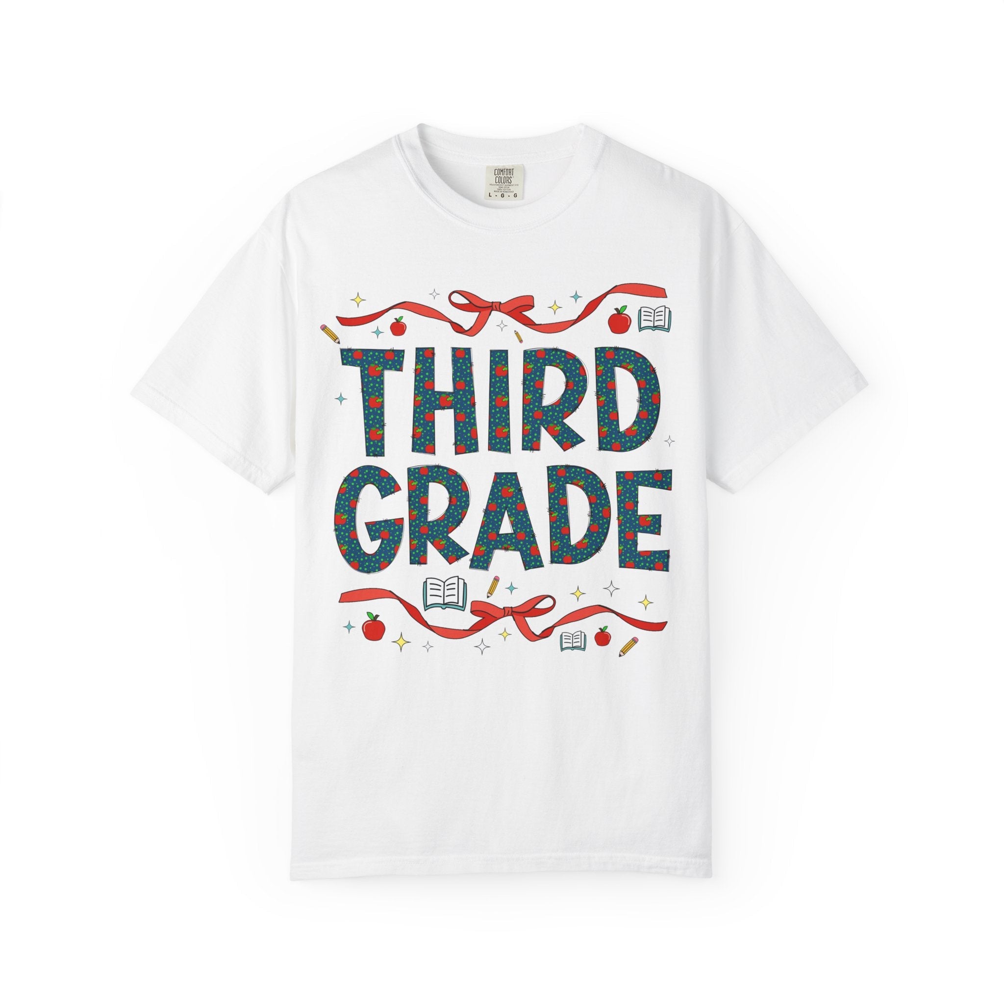 Third Grade Teacher Tee Shirt with Cute Bows and Retro Apples, Teacher Team T-Shirt for Back to School, First Day of School Matching Tee - Opal and June