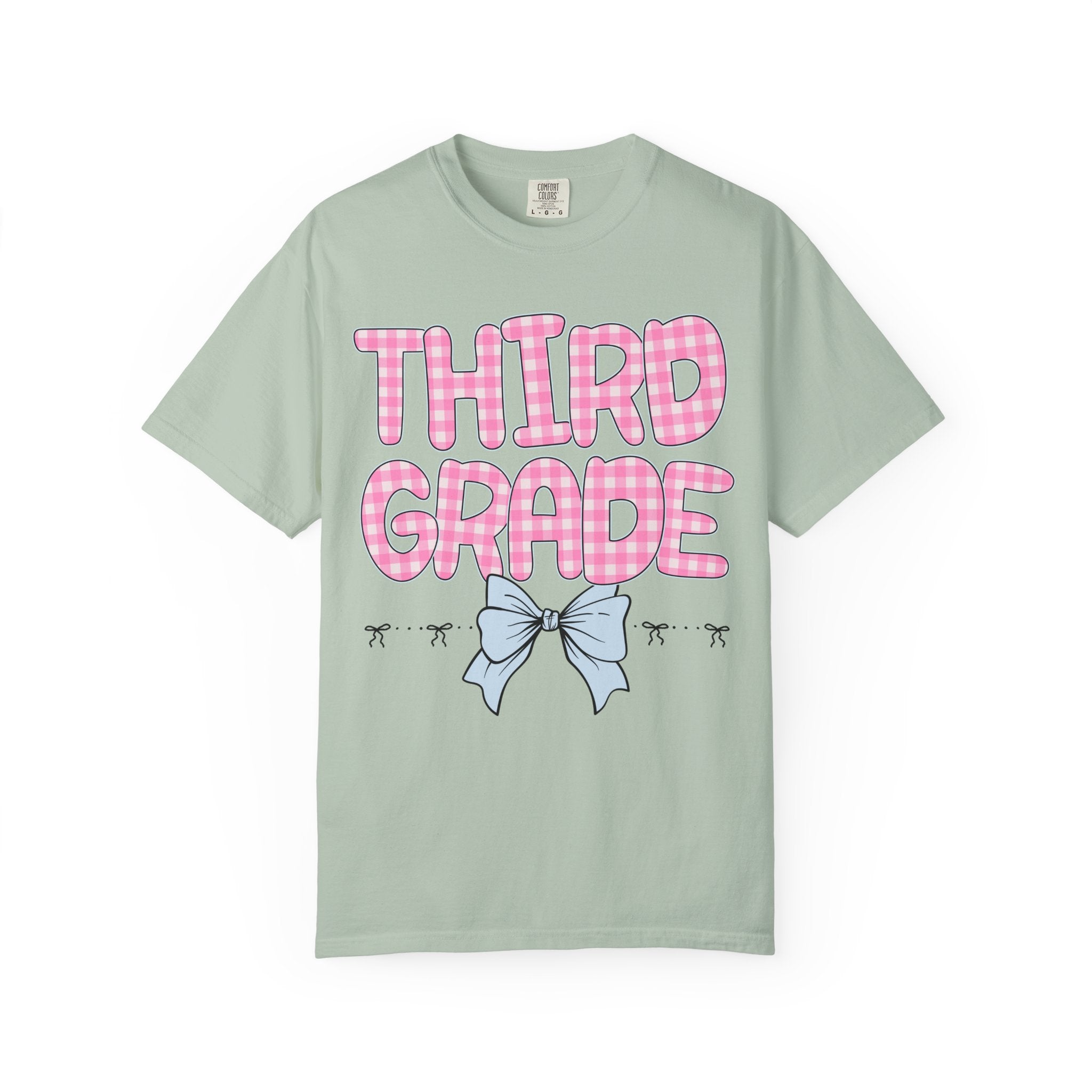 Third Grade Teacher Tee Shirt with Pink Gingham Letters, First Day of School, Back to School Matching Teacher Tee with Bow, Soft Girl Style - Opal and June