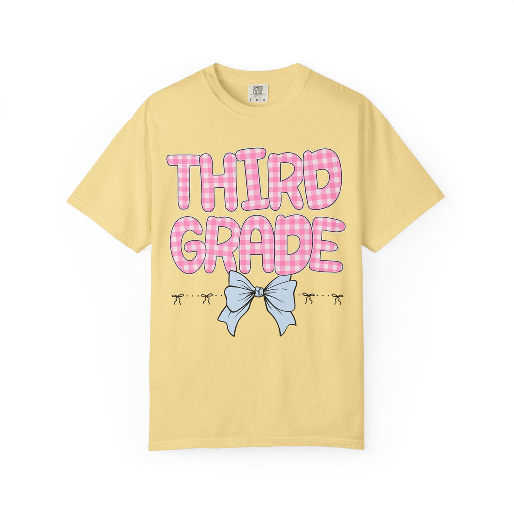 Third Grade Teacher Tee Shirt with Pink Gingham Letters, First Day of School, Back to School Matching Teacher Tee with Bow, Soft Girl Style - Opal and June