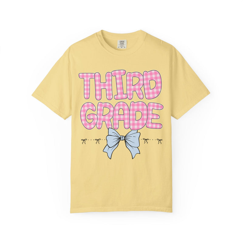 Third Grade Teacher Tee Shirt with Pink Gingham Letters, First Day of School, Back to School Matching Teacher Tee with Bow, Soft Girl Style - Opal and June