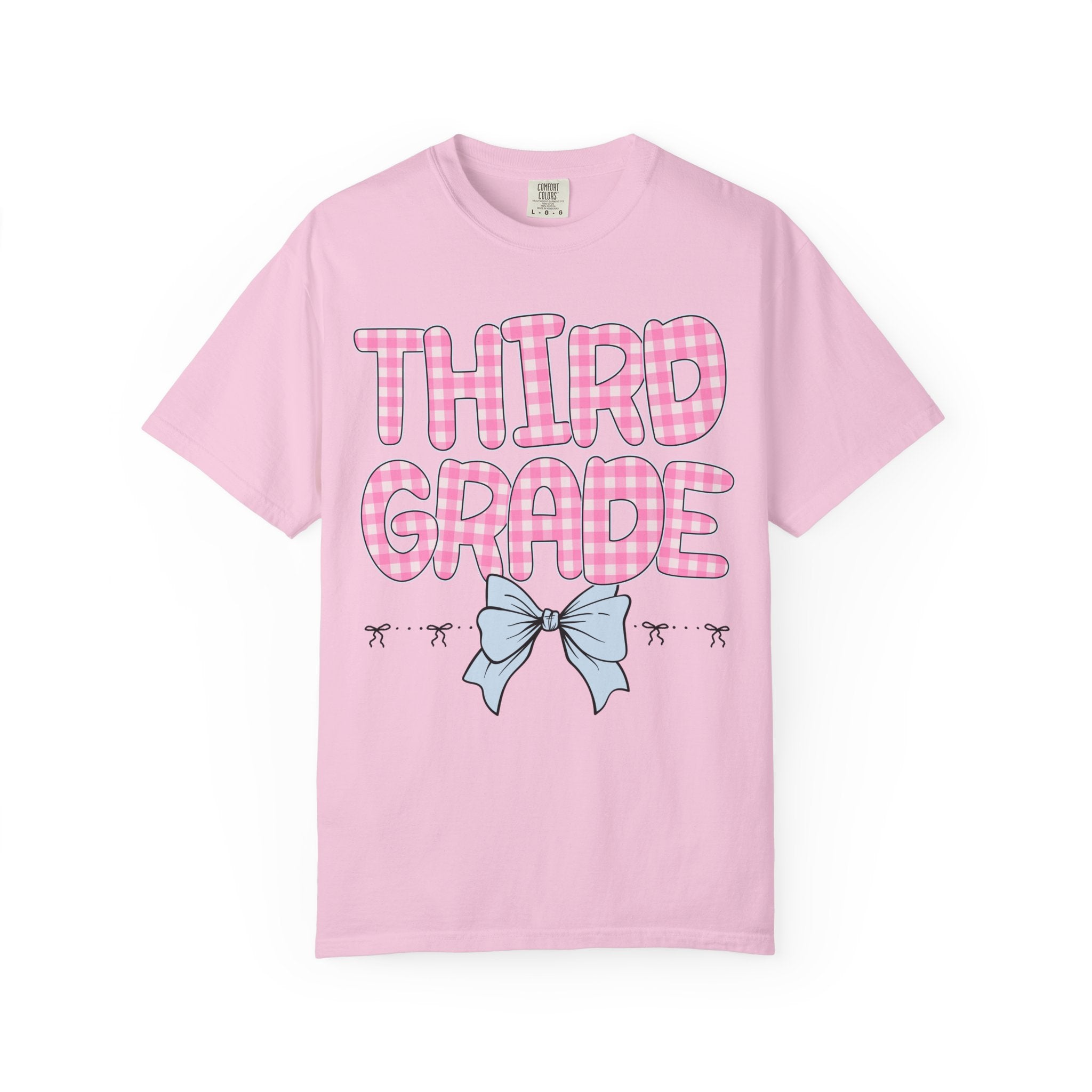 Third Grade Teacher Tee Shirt with Pink Gingham Letters, First Day of School, Back to School Matching Teacher Tee with Bow, Soft Girl Style - Opal and June