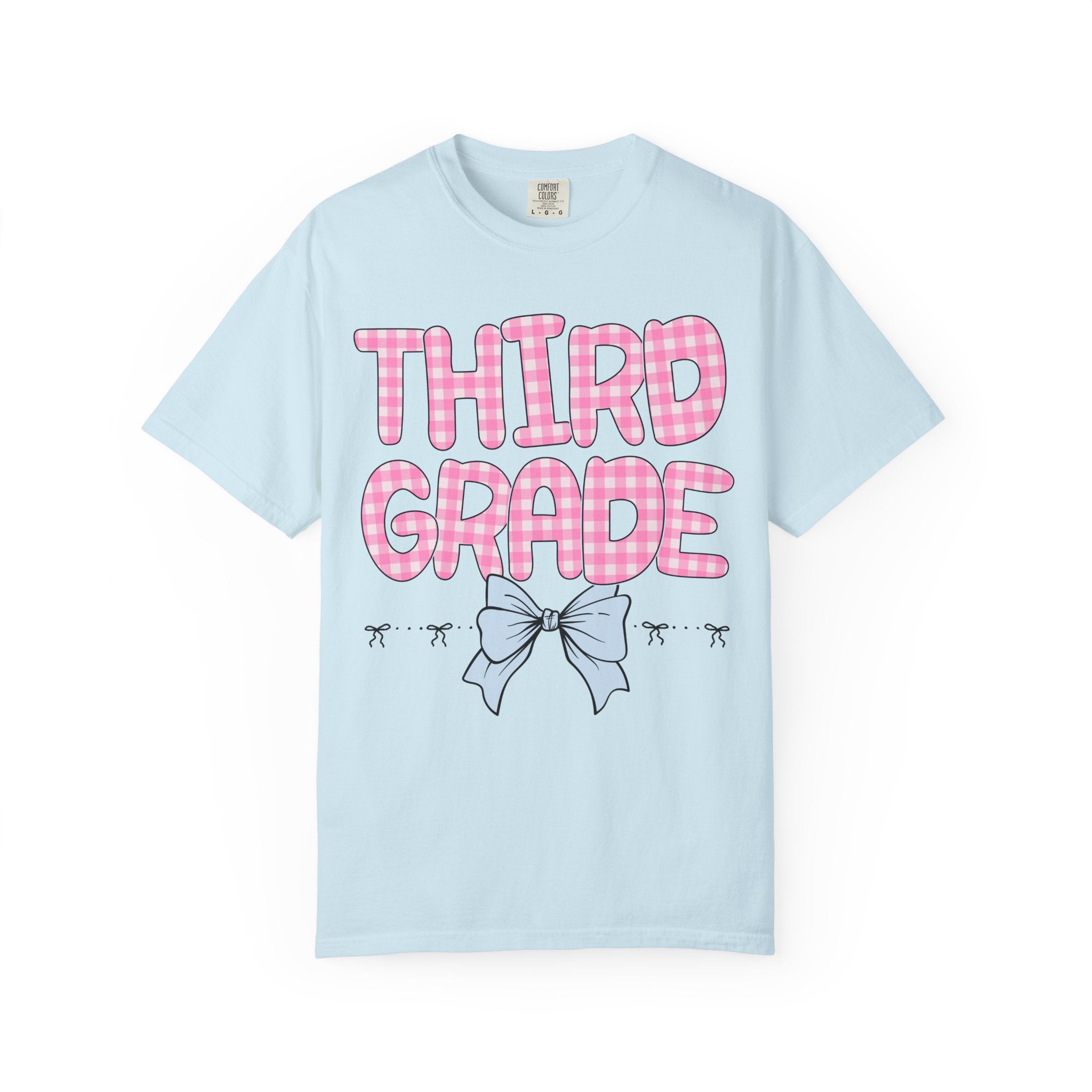 Third Grade Teacher Tee Shirt with Pink Gingham Letters, First Day of School, Back to School Matching Teacher Tee with Bow, Soft Girl Style - Opal and June