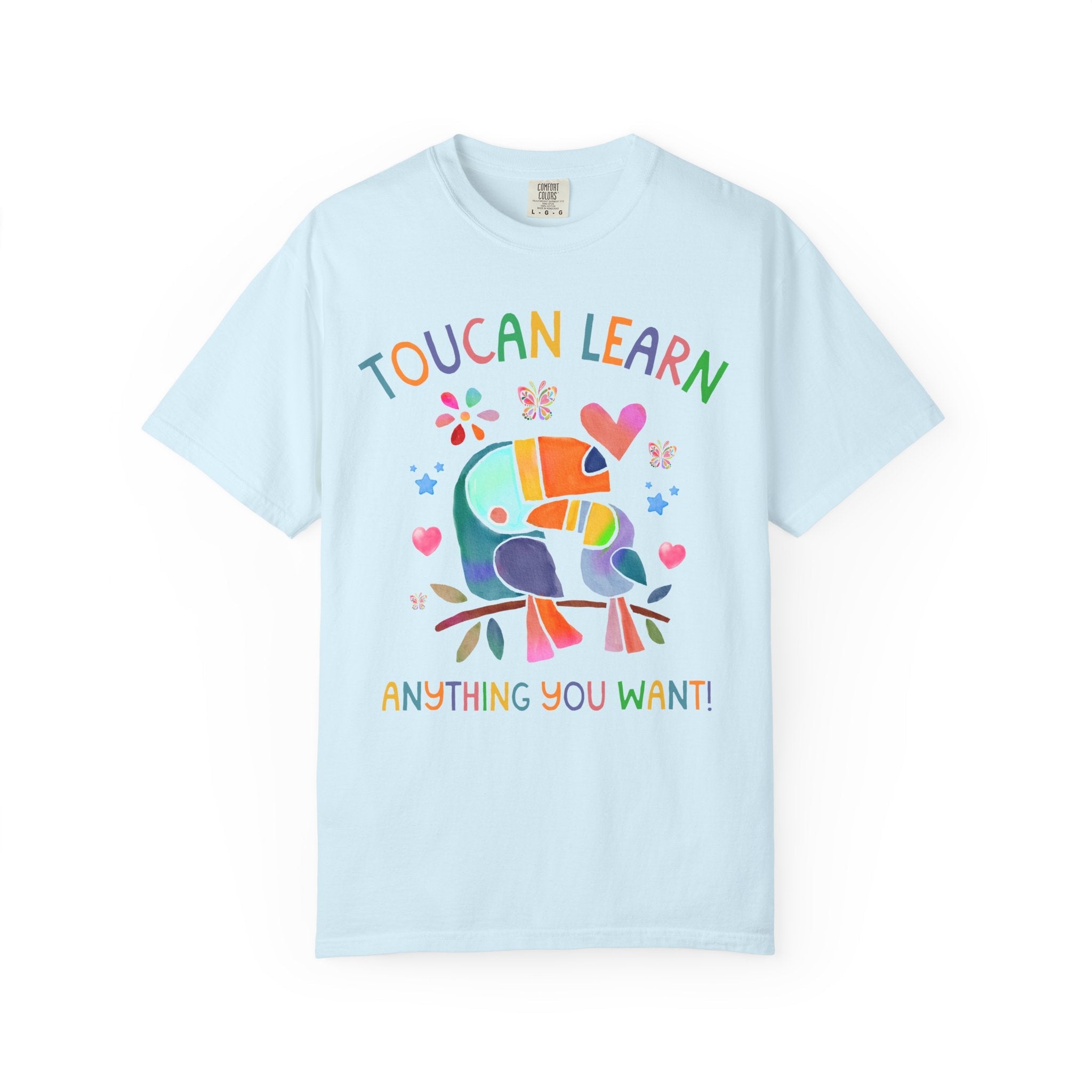Toucan Learn Anything You Want Tee Shirt for Teacher Who Loves Birds, Colorful 90s Aesthetic T-Shirt with Hearts and Flowers, Back to School - Opal and June