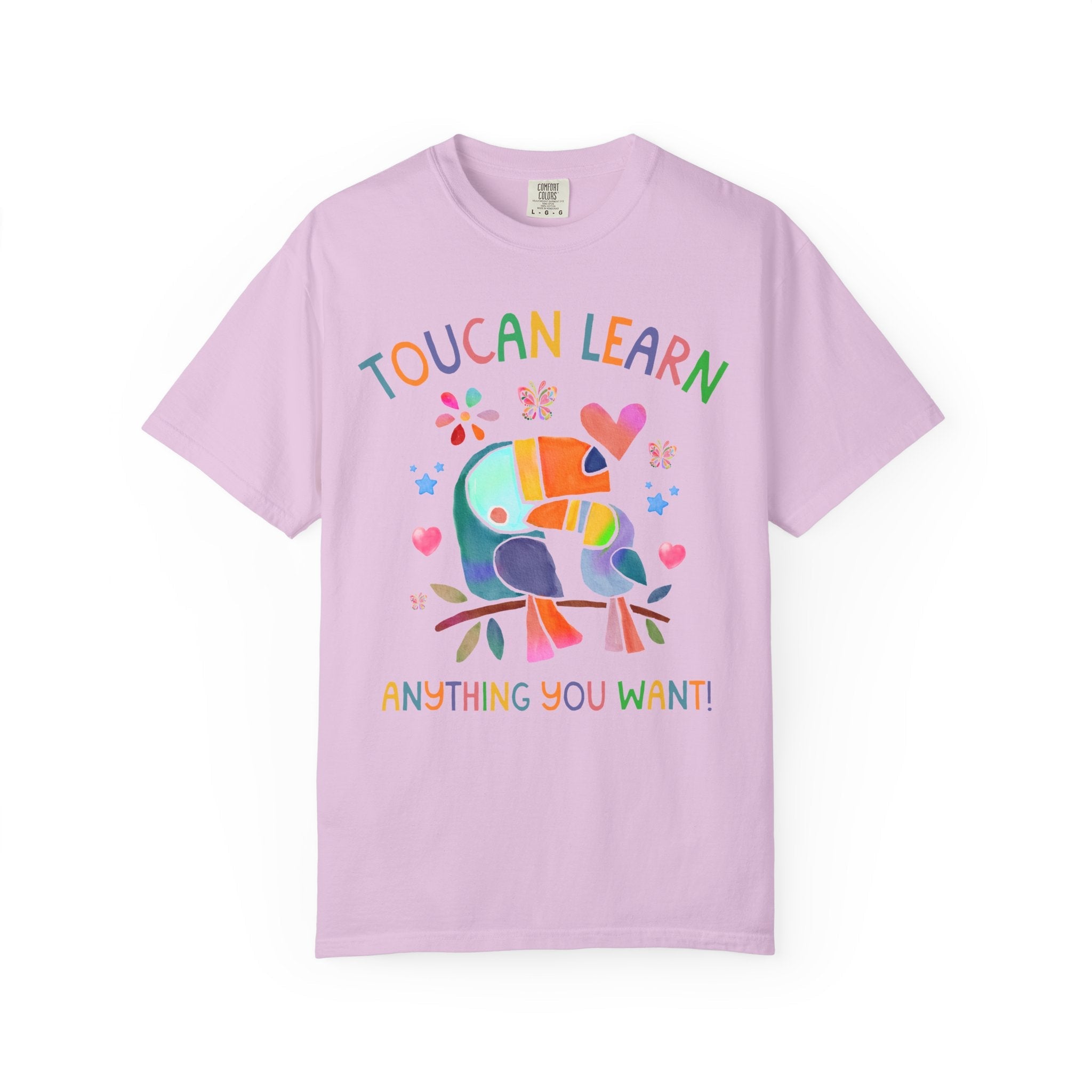 Toucan Learn Anything You Want Tee Shirt for Teacher Who Loves Birds, Colorful 90s Aesthetic T-Shirt with Hearts and Flowers, Back to School - Opal and June