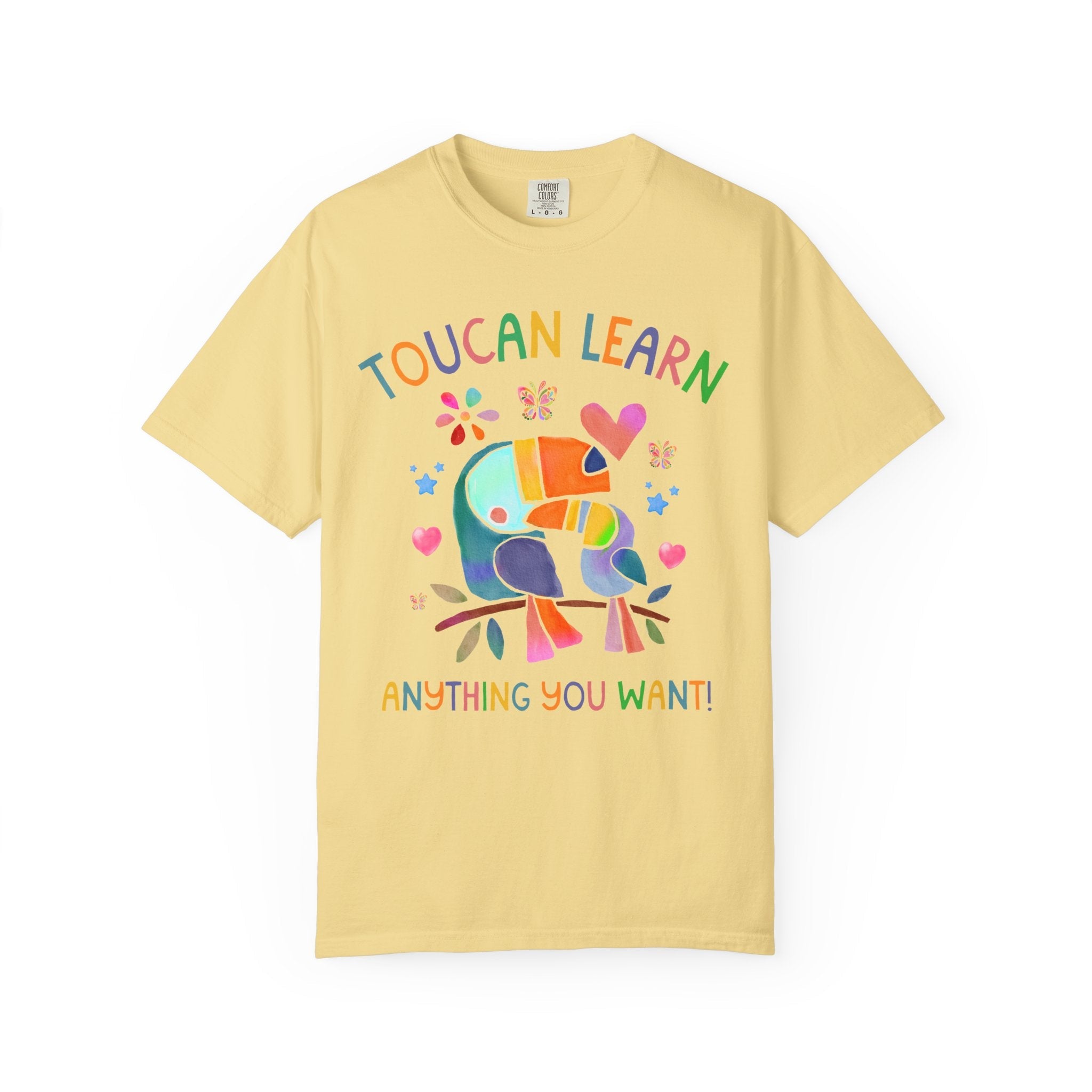 Toucan Learn Anything You Want Tee Shirt for Teacher Who Loves Birds, Colorful 90s Aesthetic T-Shirt with Hearts and Flowers, Back to School - Opal and June