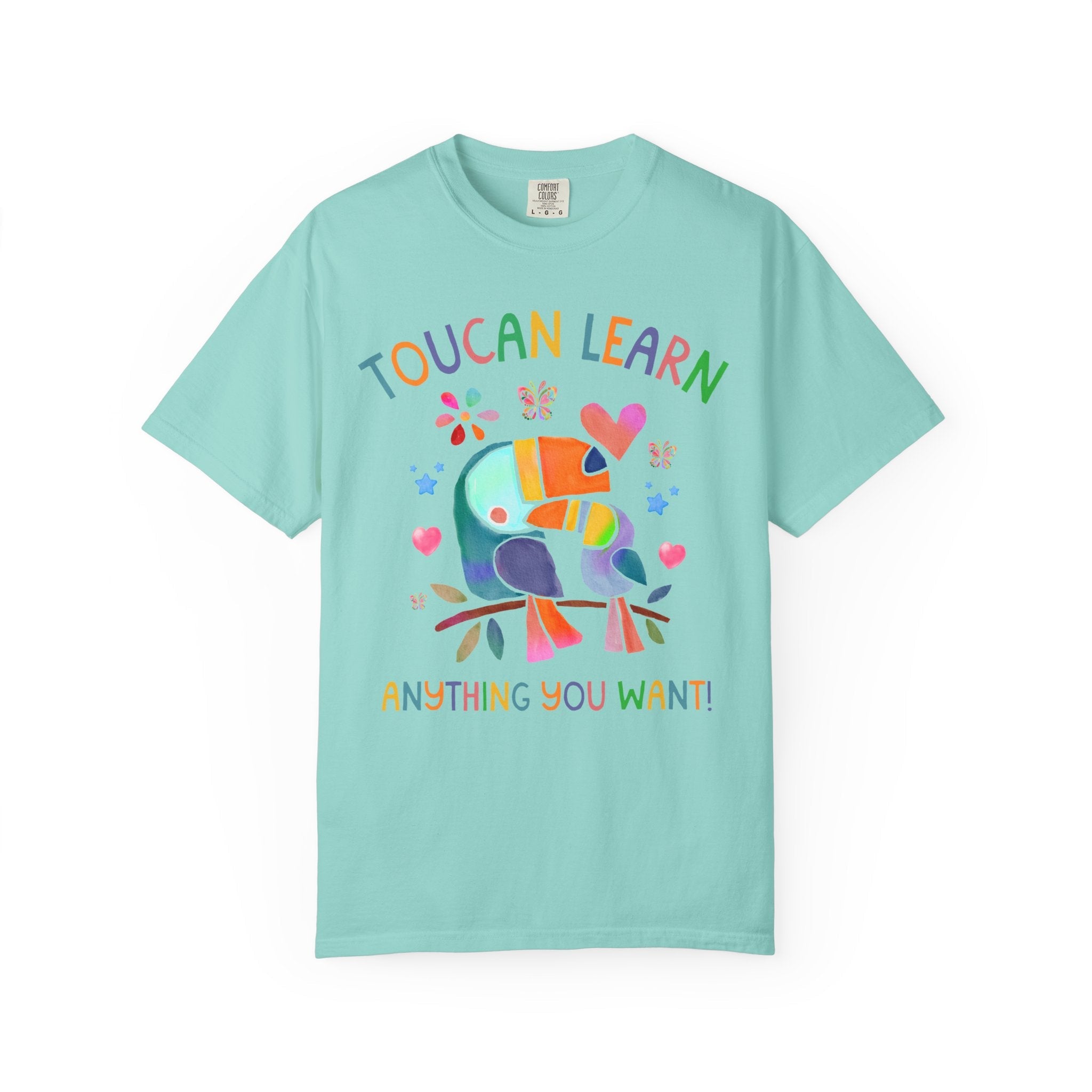 Toucan Learn Anything You Want Tee Shirt for Teacher Who Loves Birds, Colorful 90s Aesthetic T-Shirt with Hearts and Flowers, Back to School - Opal and June