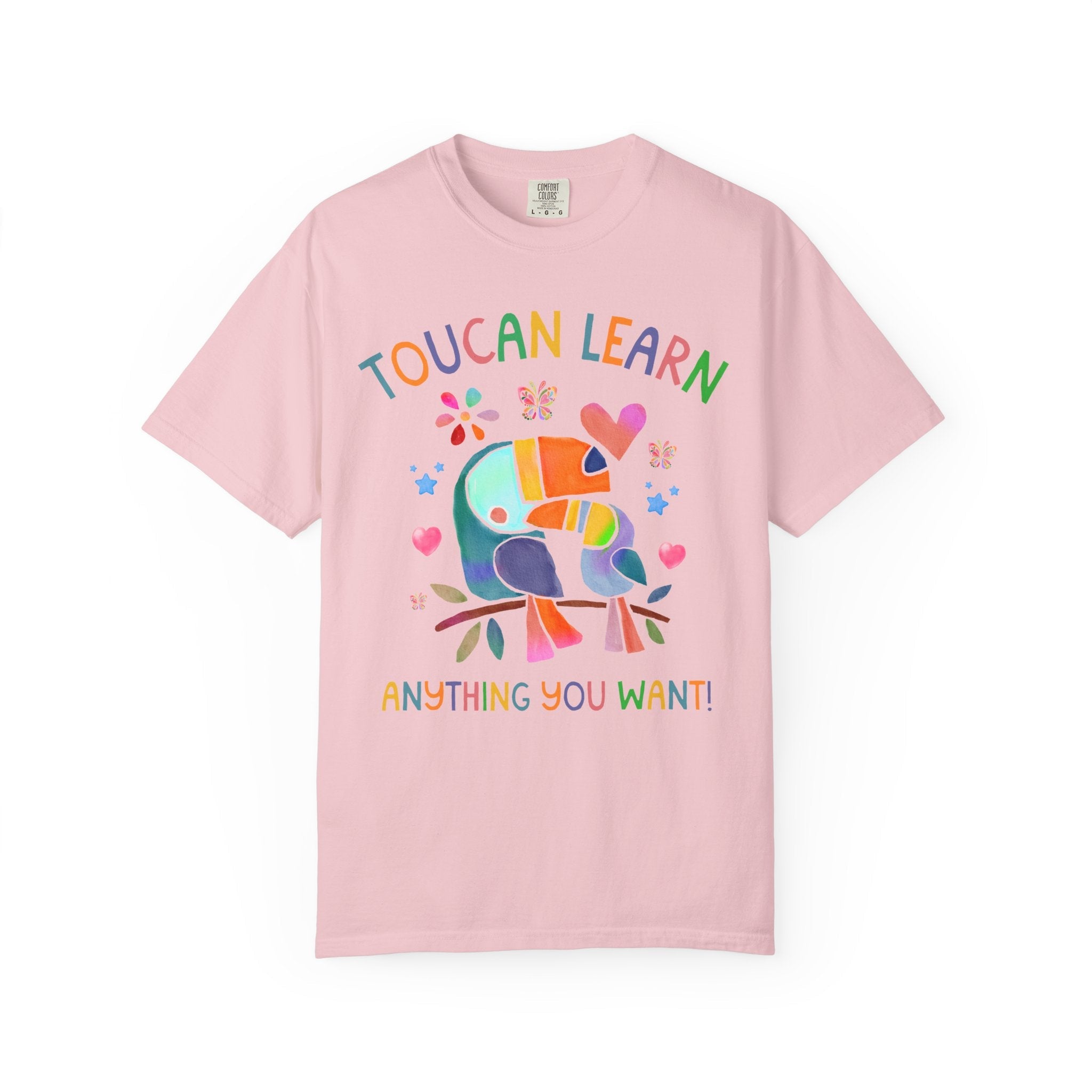 Toucan Learn Anything You Want Tee Shirt for Teacher Who Loves Birds, Colorful 90s Aesthetic T-Shirt with Hearts and Flowers, Back to School - Opal and June