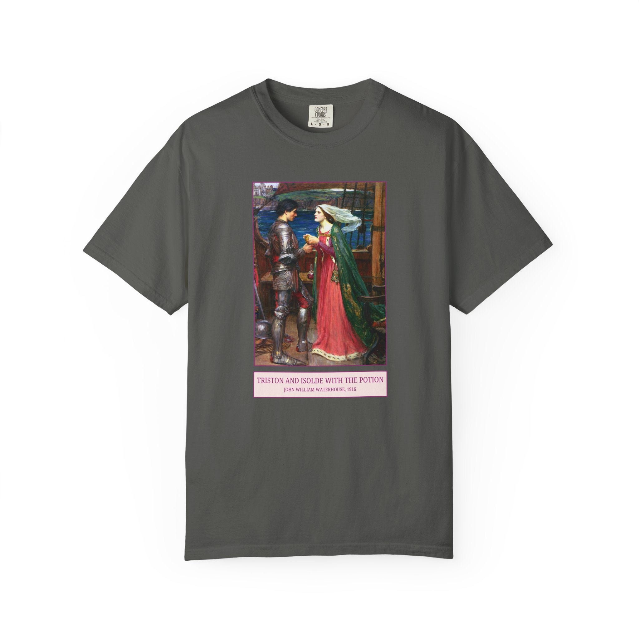 Triston and Isolde with the Potion by John William Waterhouse, Famous 19th Century Paintings of European Mythology, Pre - Raphaelite Art Tee - Opal and June