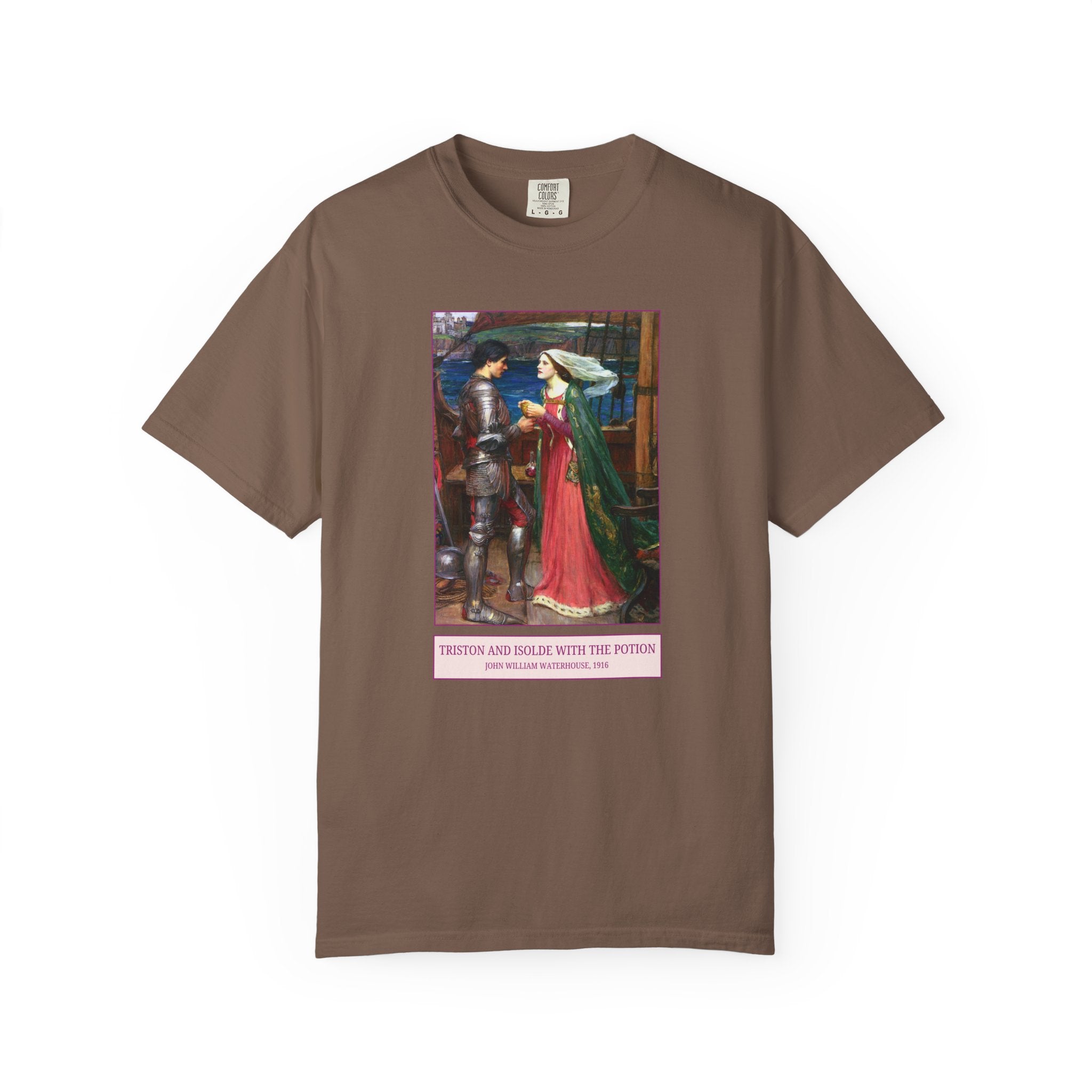 Triston and Isolde with the Potion by John William Waterhouse, Famous 19th Century Paintings of European Mythology, Pre - Raphaelite Art Tee - Opal and June