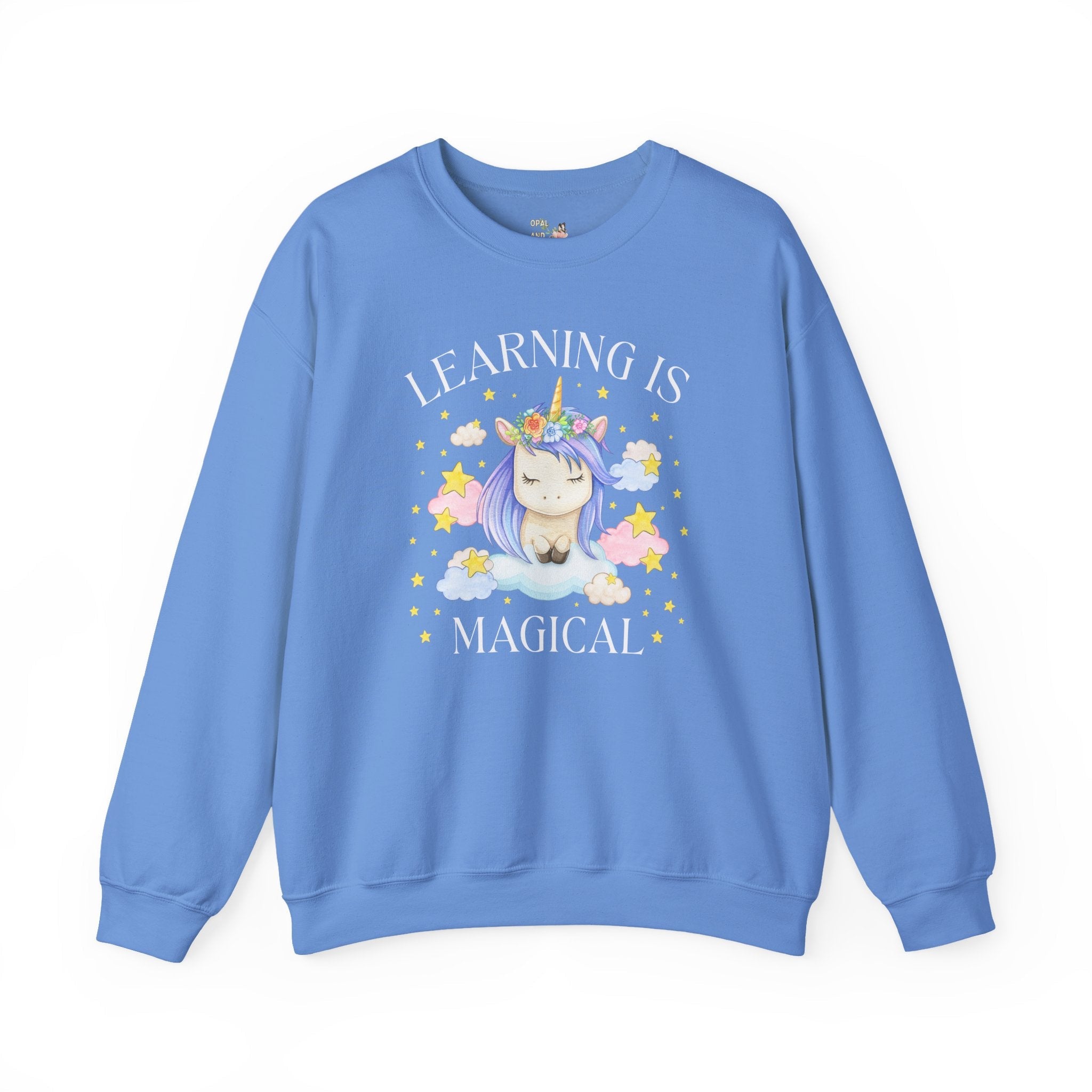 Unicorn Kindergarten Crew Sweatshirt: Learning is Magical, School Principal Shirt with Stars, 90s Aesthetic First Grade or 2nd Grade Teacher - Opal and June
