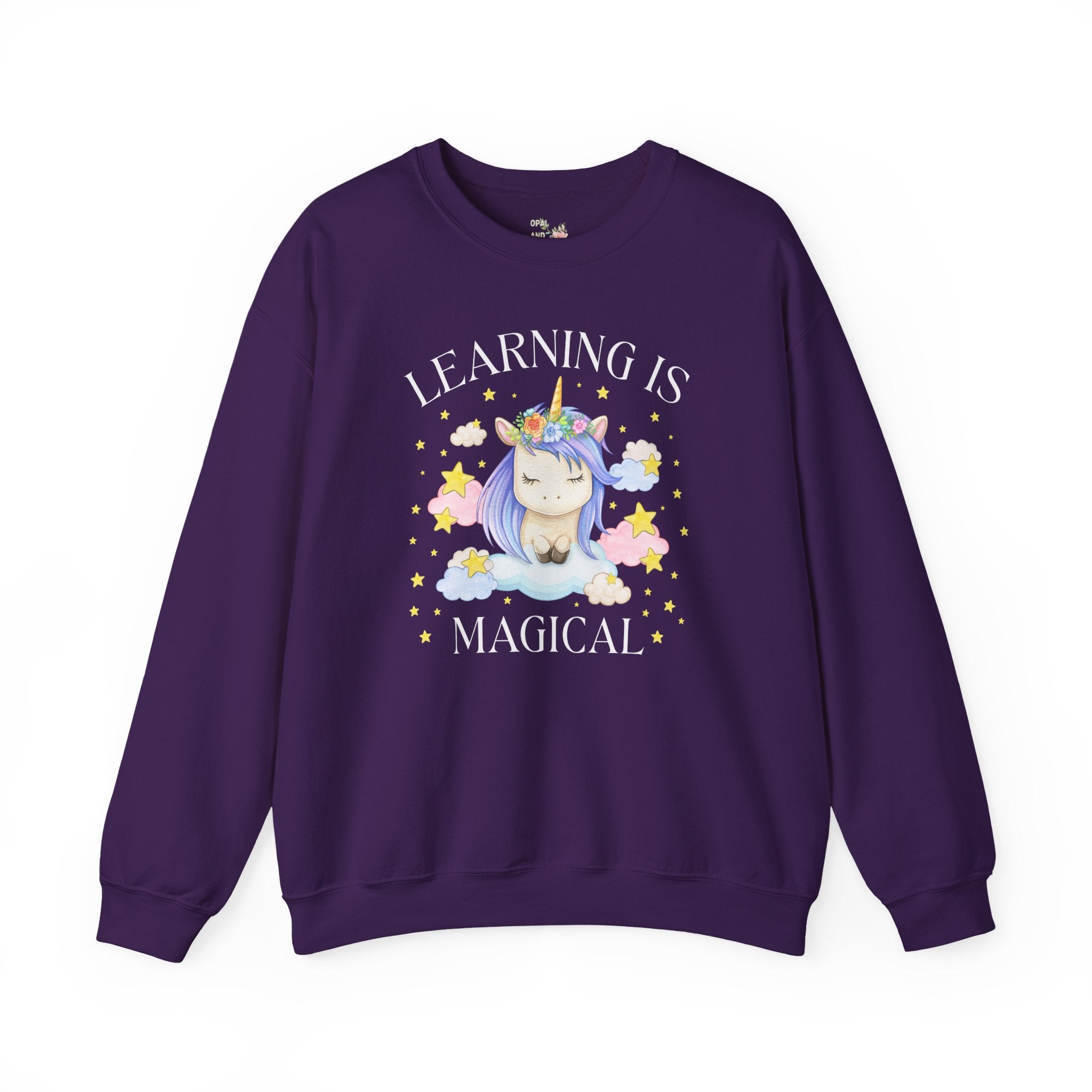 Unicorn Kindergarten Crew Sweatshirt: Learning is Magical, School Principal Shirt with Stars, 90s Aesthetic First Grade or 2nd Grade Teacher - Opal and June