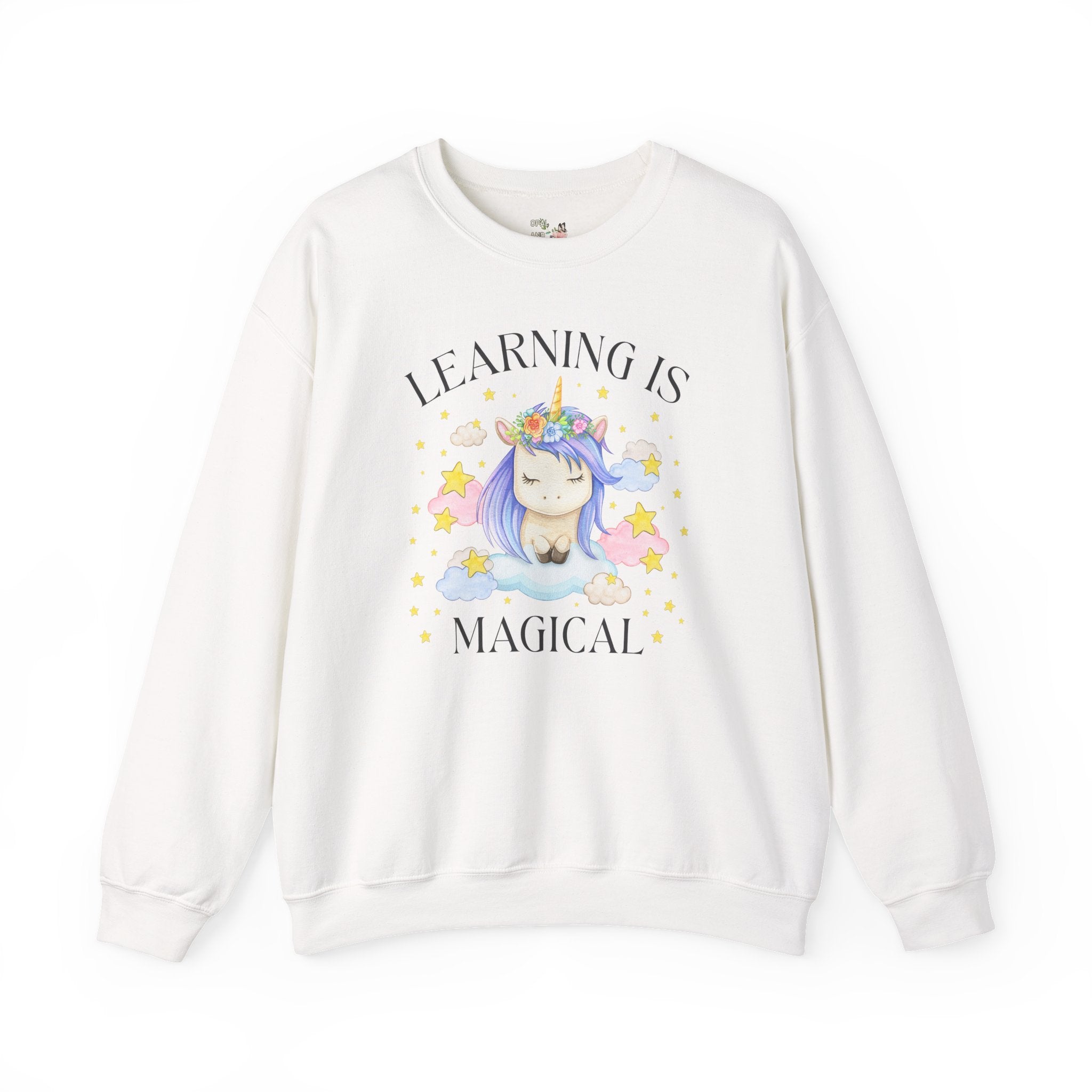Unicorn Kindergarten Crew Sweatshirt: Learning is Magical, School Principal Shirt with Stars, 90s Aesthetic First Grade or 2nd Grade Teacher - Opal and June