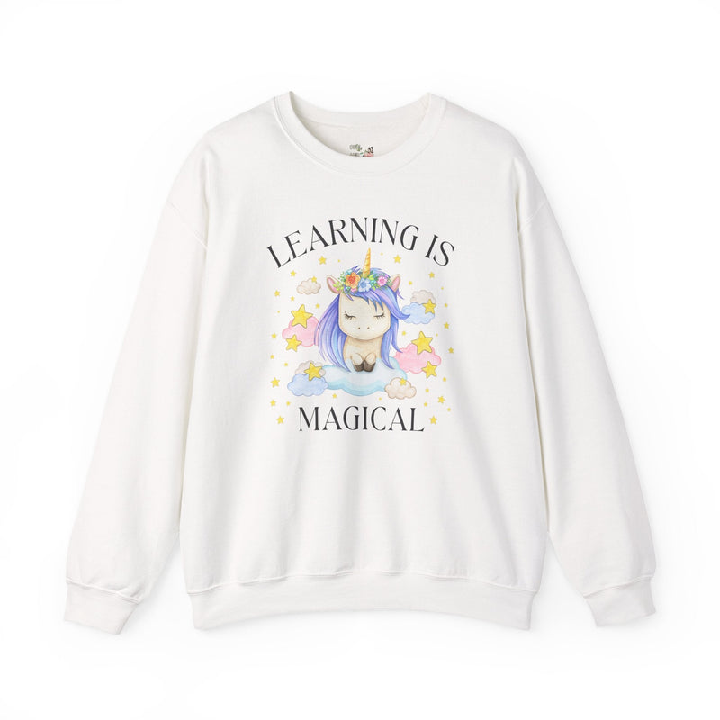 Unicorn Kindergarten Crew Sweatshirt: Learning is Magical, School Principal Shirt with Stars, 90s Aesthetic First Grade or 2nd Grade Teacher - Opal and June