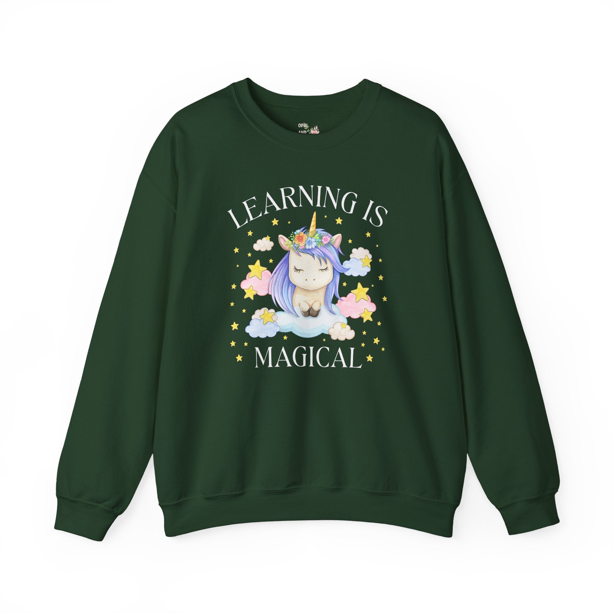 Unicorn Kindergarten Crew Sweatshirt: Learning is Magical, School Principal Shirt with Stars, 90s Aesthetic First Grade or 2nd Grade Teacher - Opal and June