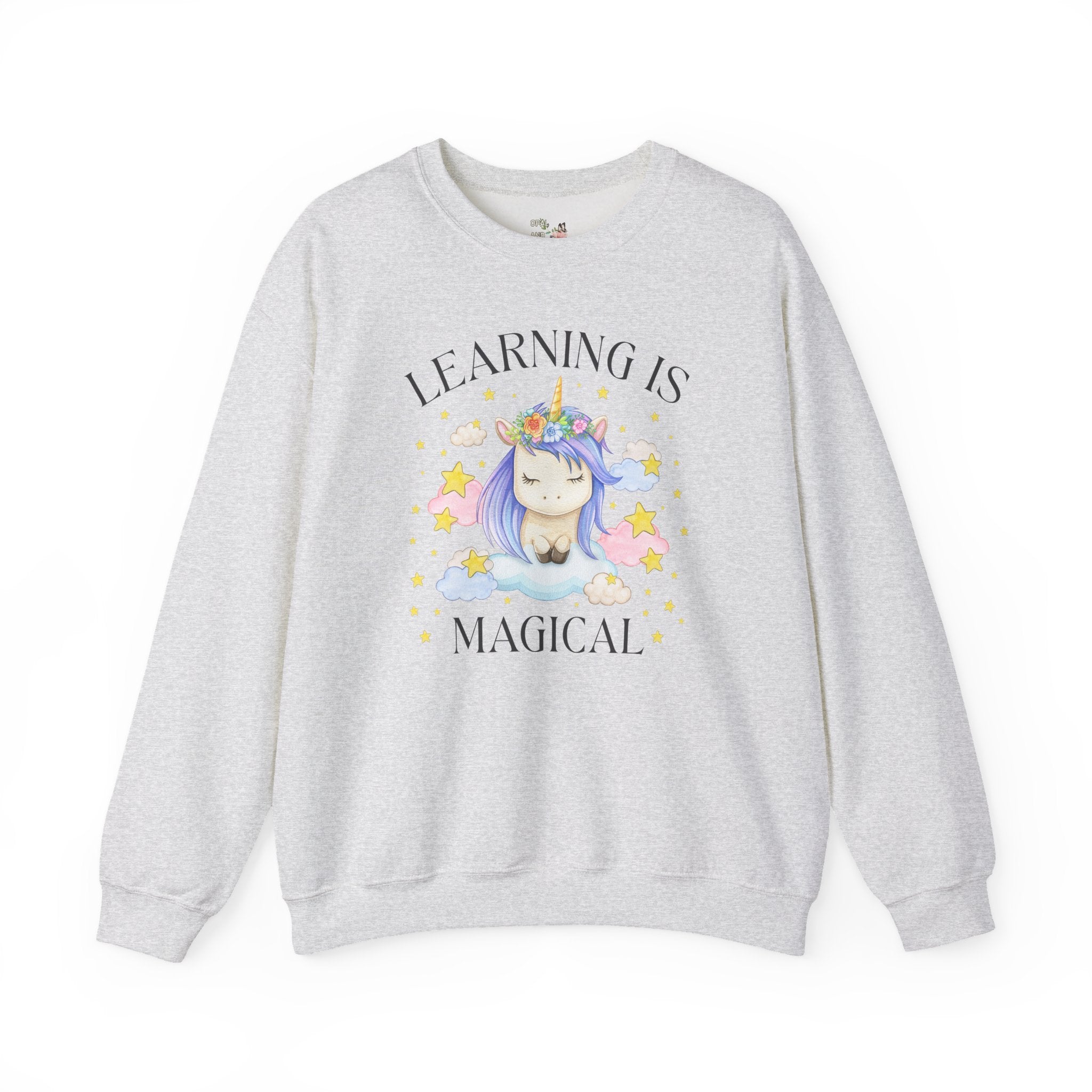 Unicorn Kindergarten Crew Sweatshirt: Learning is Magical, School Principal Shirt with Stars, 90s Aesthetic First Grade or 2nd Grade Teacher - Opal and June