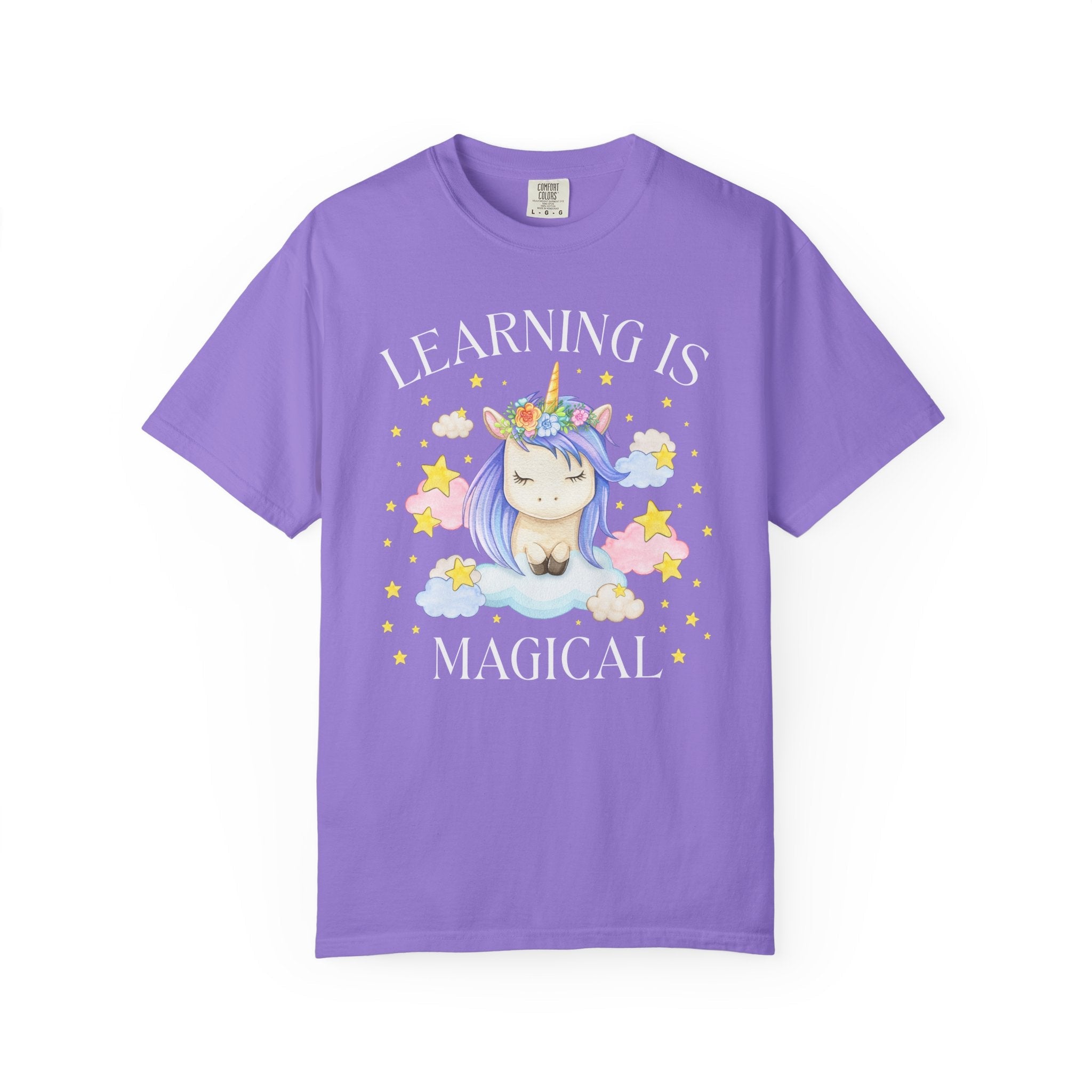 Unicorn Kindergarten Crew Tee Shirt: Learning is Magical, School Principal Tee with Stars, 90s Aesthetic First Grade or 2nd Grade Teacher - Opal and June