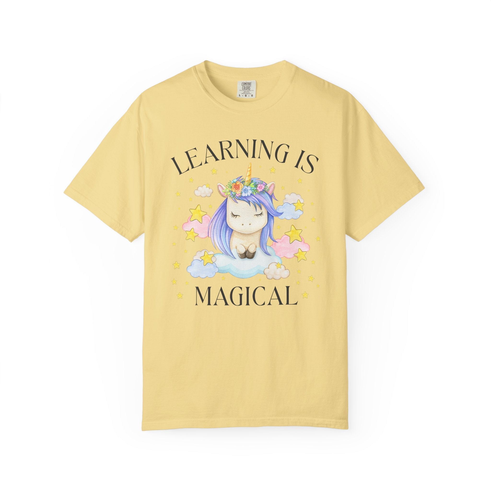 Unicorn Kindergarten Crew Tee Shirt: Learning is Magical, School Principal Tee with Stars, 90s Aesthetic First Grade or 2nd Grade Teacher - Opal and June