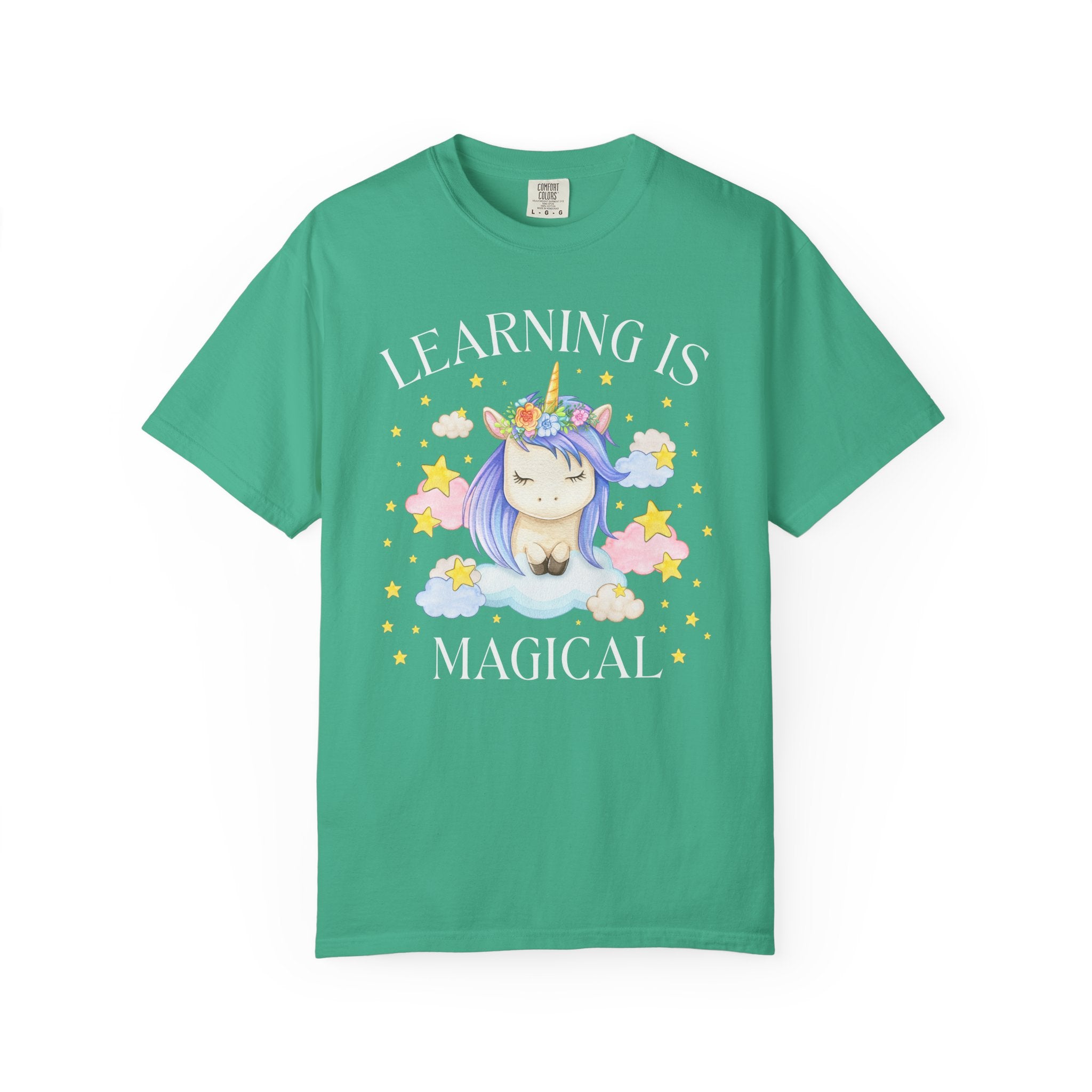 Unicorn Kindergarten Crew Tee Shirt: Learning is Magical, School Principal Tee with Stars, 90s Aesthetic First Grade or 2nd Grade Teacher - Opal and June