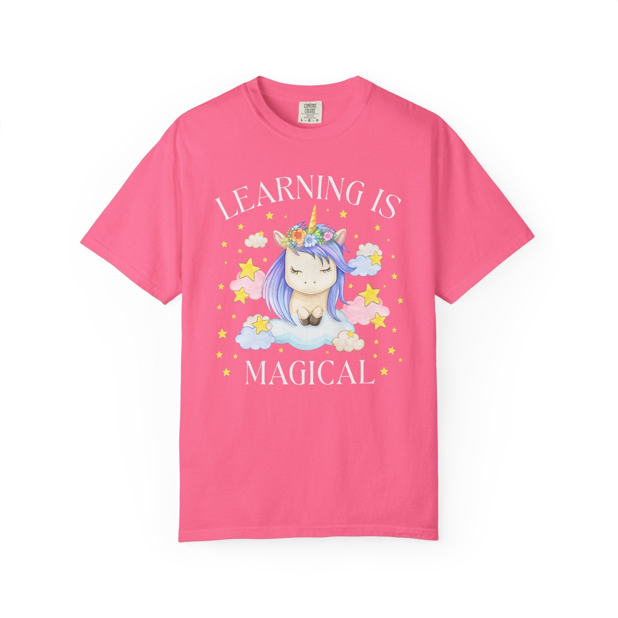 Unicorn Kindergarten Crew Tee Shirt: Learning is Magical, School Principal Tee with Stars, 90s Aesthetic First Grade or 2nd Grade Teacher - Opal and June
