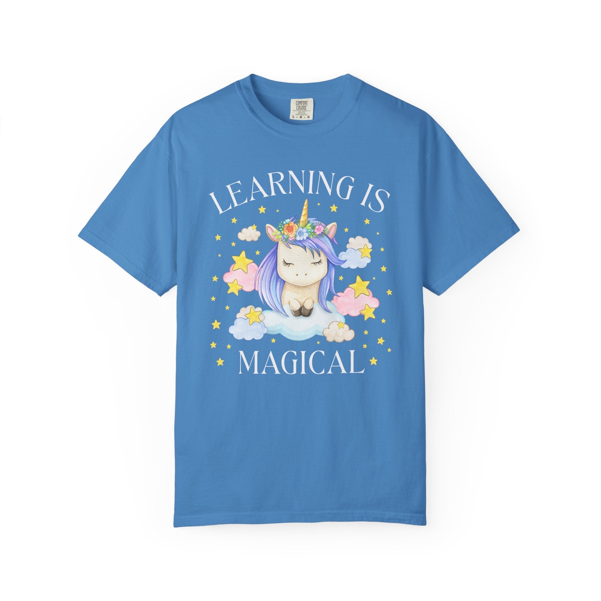 Unicorn Kindergarten Crew Tee Shirt: Learning is Magical, School Principal Tee with Stars, 90s Aesthetic First Grade or 2nd Grade Teacher - Opal and June