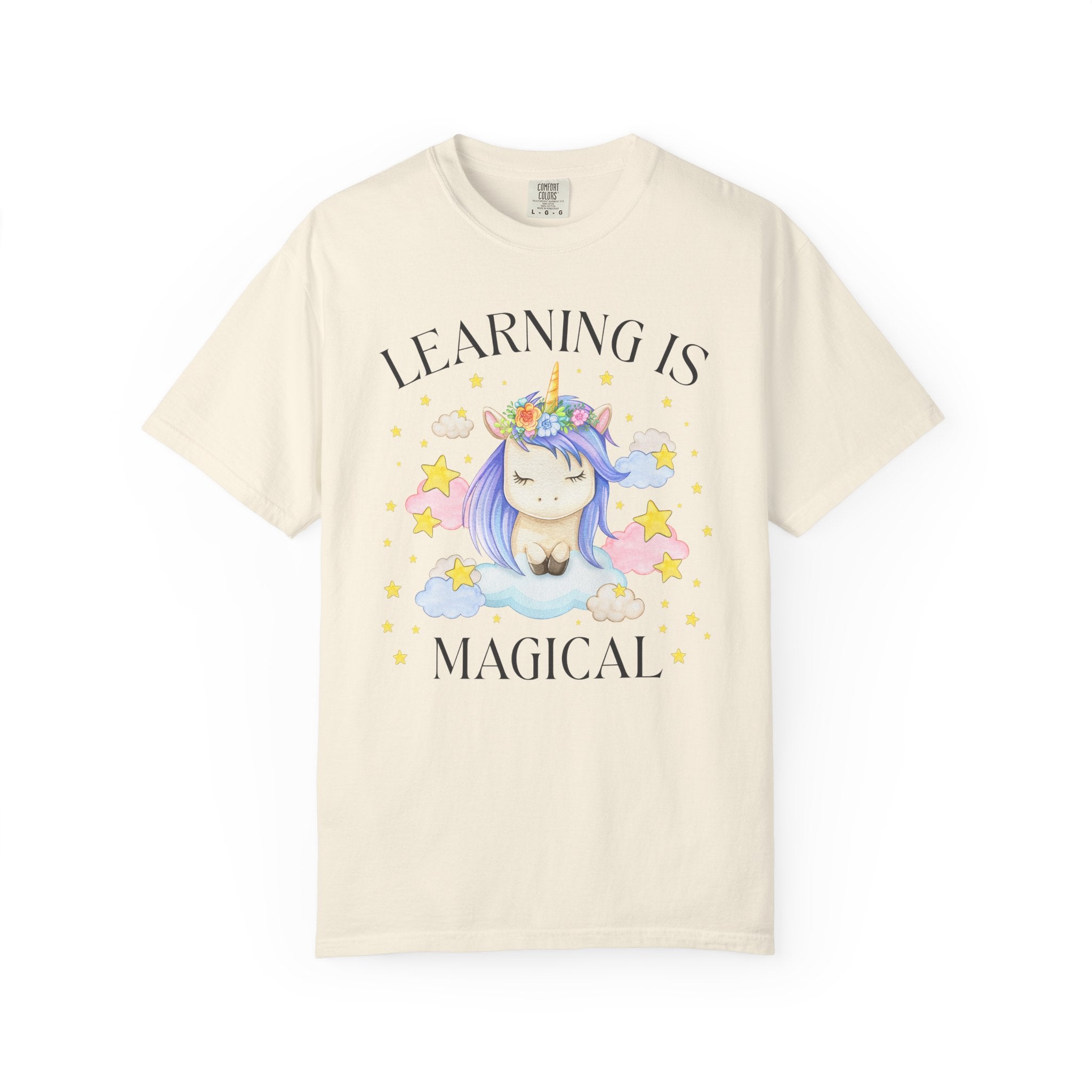 Unicorn Kindergarten Crew Tee Shirt: Learning is Magical, School Principal Tee with Stars, 90s Aesthetic First Grade or 2nd Grade Teacher - Opal and June