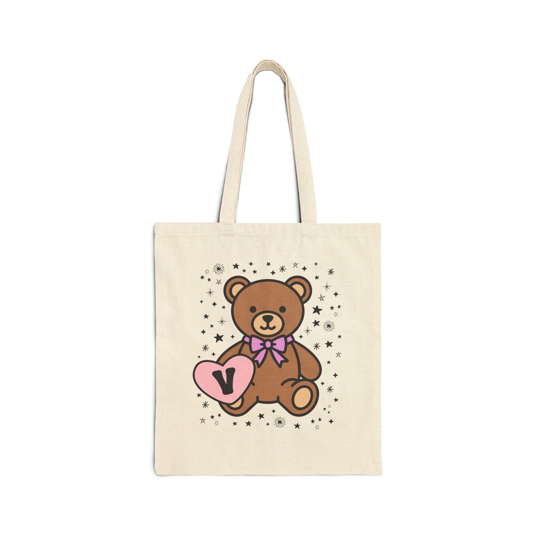 V: Bear Holding a Heart Tote Bag with Initial - Opal and June