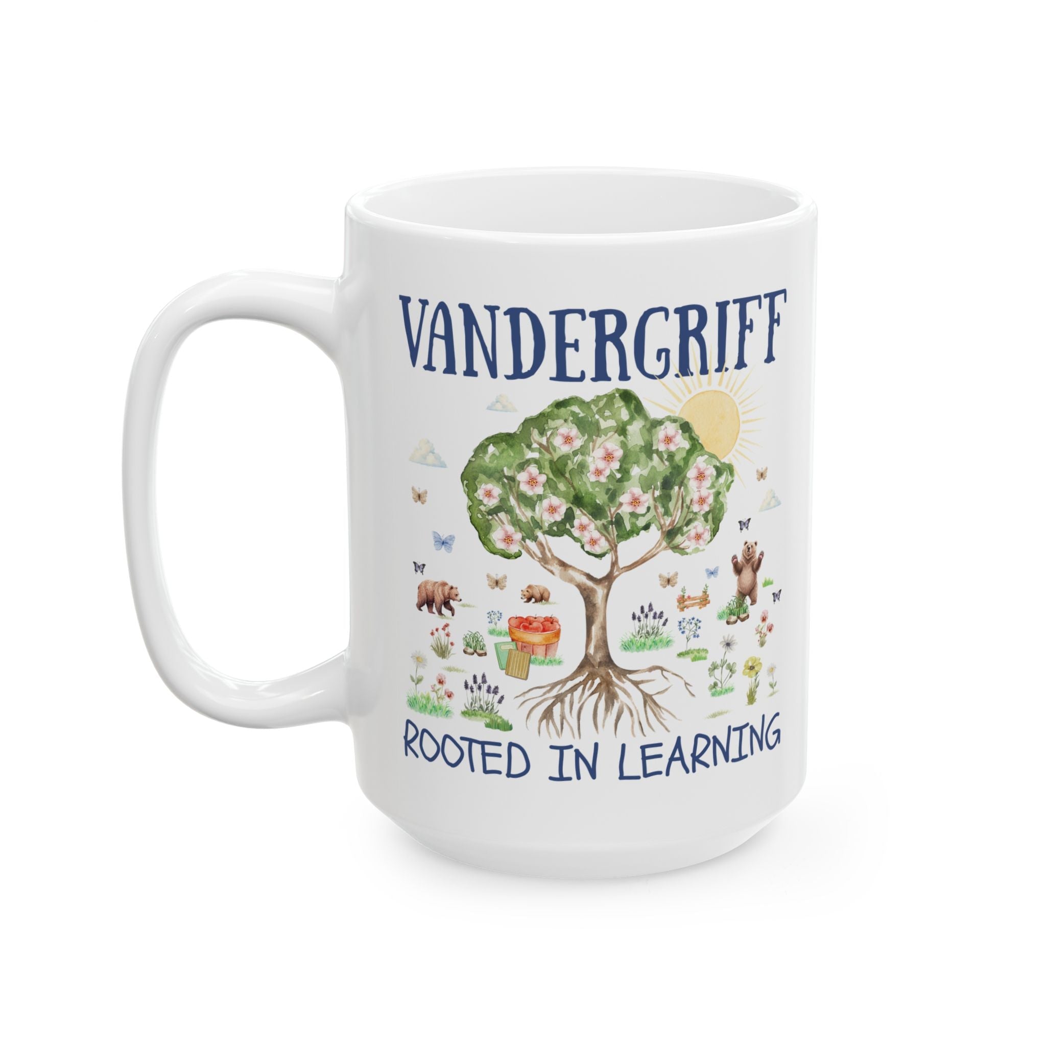 Vandergriff Elementary School 15 Oz Coffee Mug: Rooted in Learning | FPS + Opal and June Coffee Mug, Fayetteville Public Schools - Opal and June