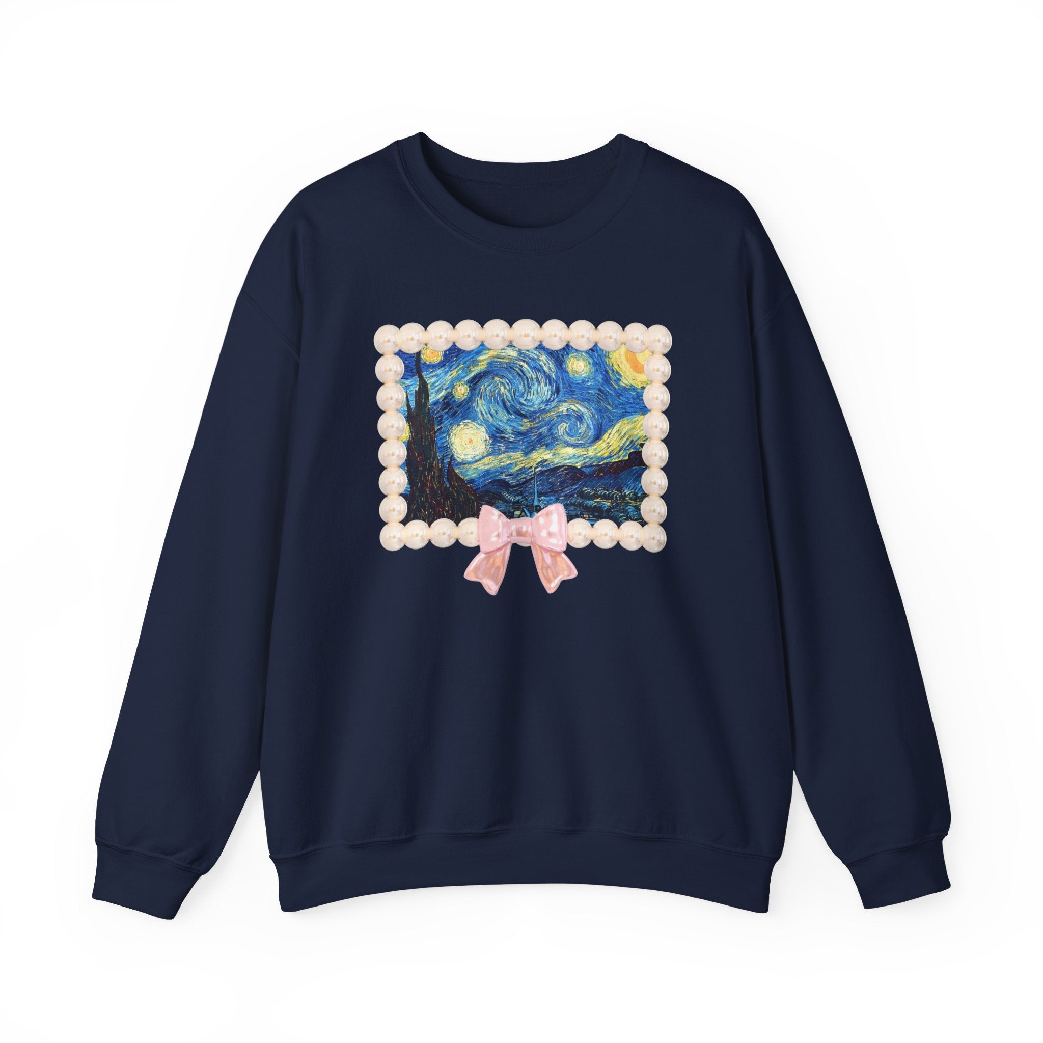 Vincent Van Gogh The Starry Night in Cute Pearl Frame with Coquette Bow, 19th Century European Post Impressionist Artist Sweatshirt for Her - Opal and June