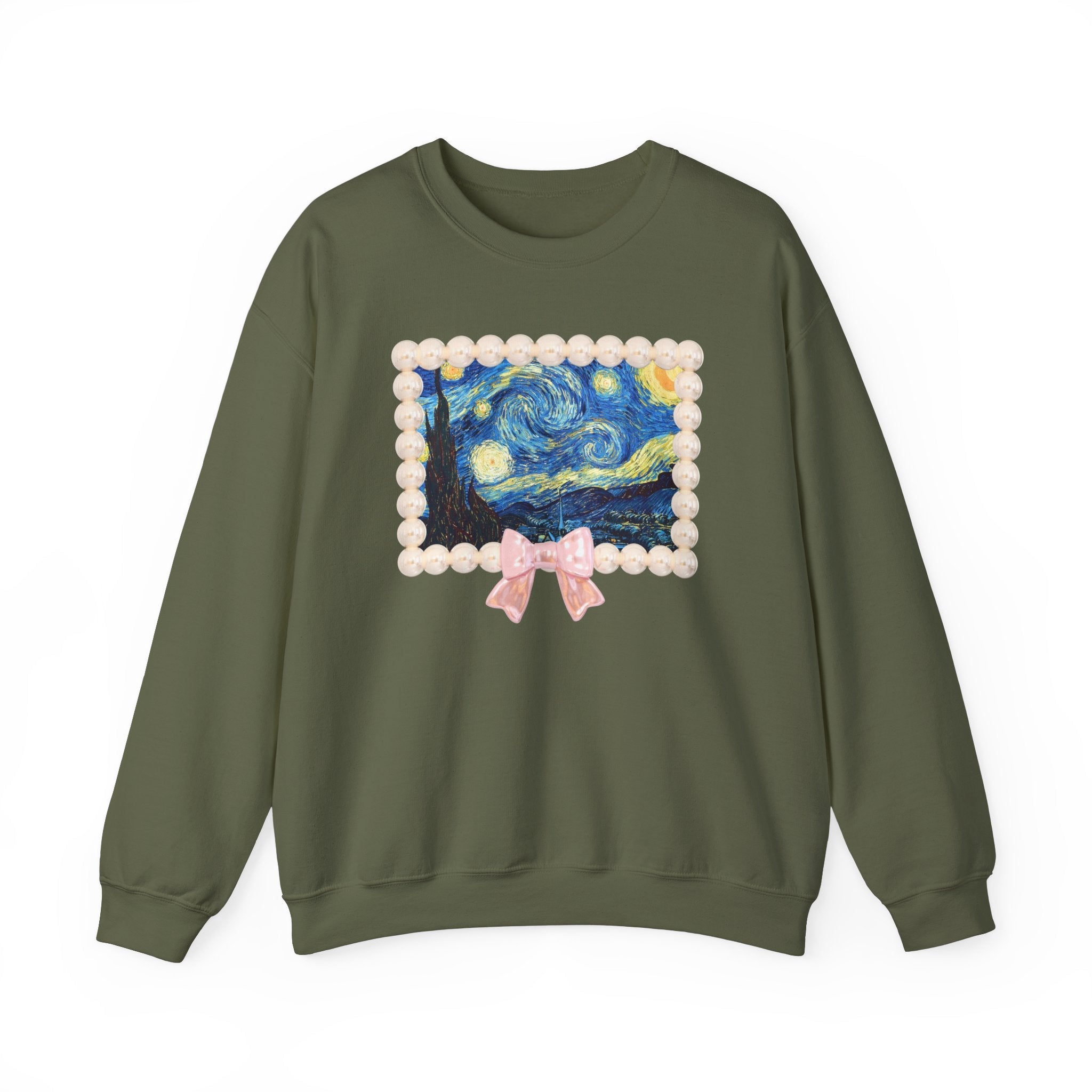 Vincent Van Gogh The Starry Night in Cute Pearl Frame with Coquette Bow, 19th Century European Post Impressionist Artist Sweatshirt for Her - Opal and June
