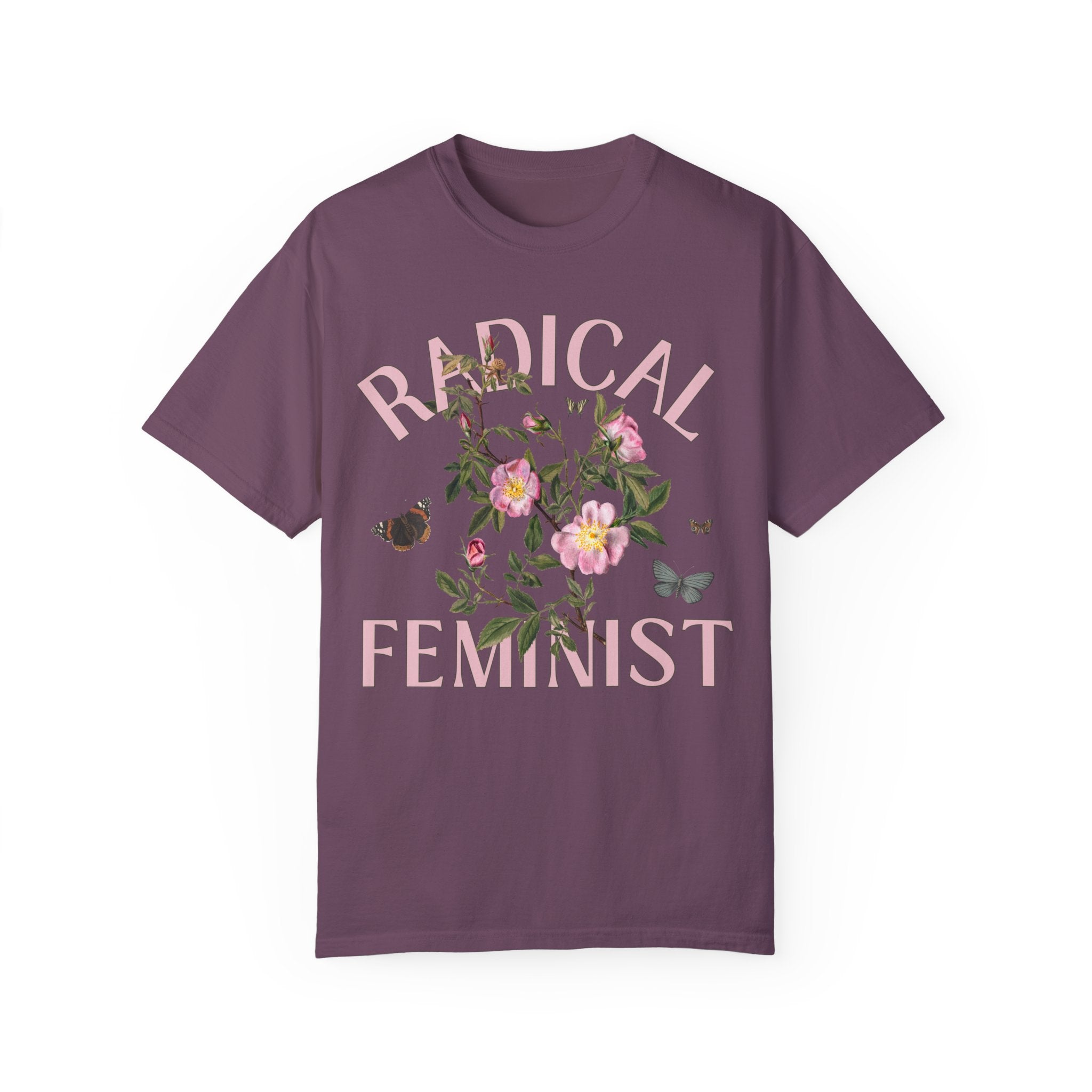 Vintage Aesthetic Shirt with Butterflies: Radical Feminist | Kitschy Eclectic Tee in Jewel Tones, Shirt for Radical Leftist, Retro Flowers - Opal and June