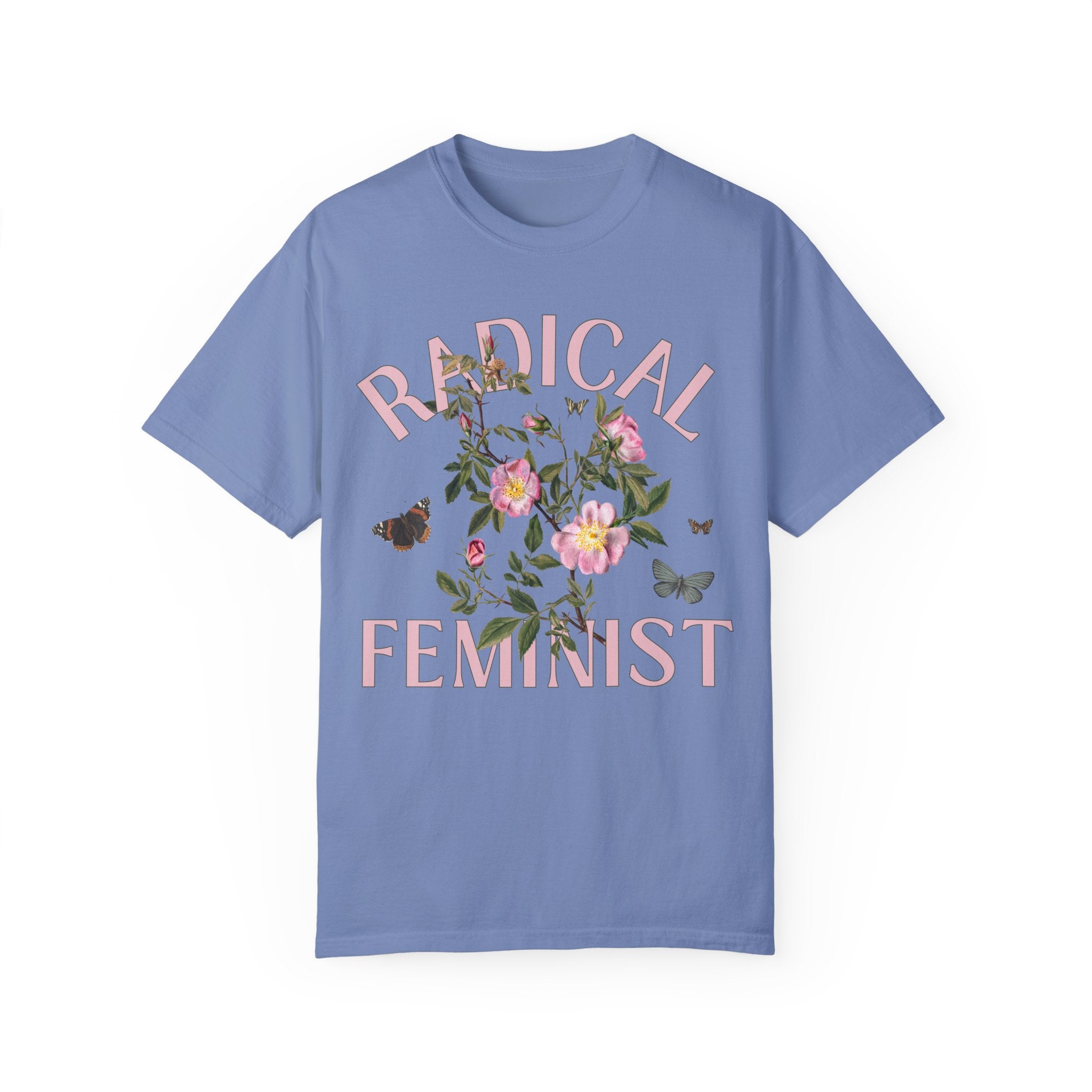Vintage Aesthetic Shirt with Butterflies: Radical Feminist | Kitschy Eclectic Tee in Jewel Tones, Shirt for Radical Leftist, Retro Flowers - Opal and June
