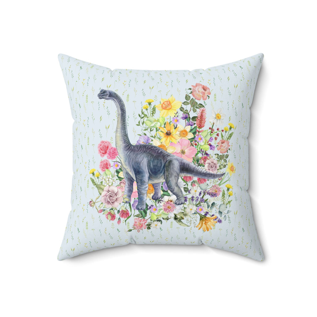 Watercolor Dinosaur Pillow, Brachiosaurus in Botanical Bouquet - Opal and June