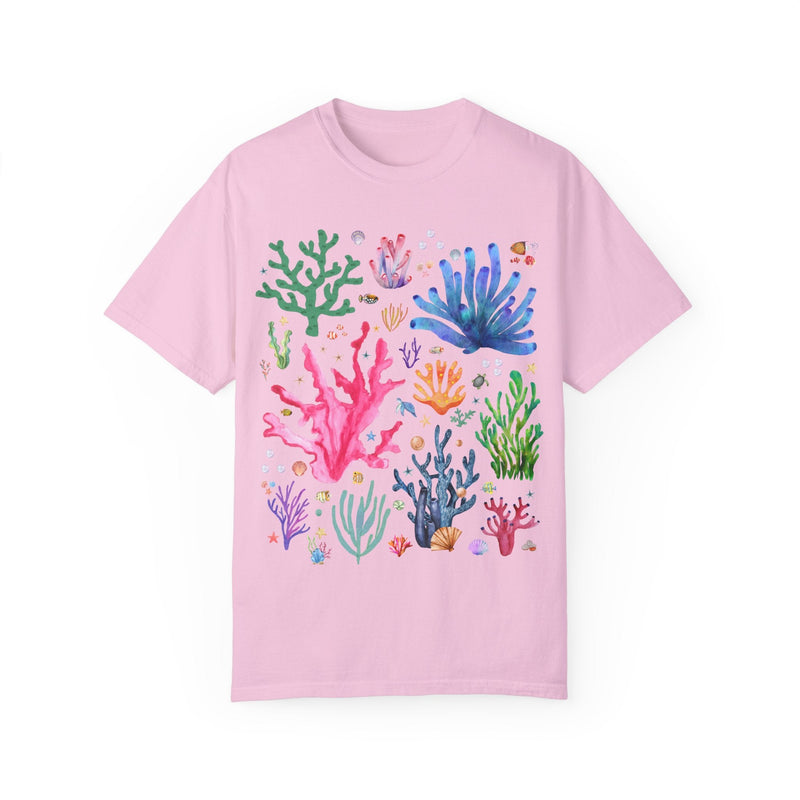 Watercolor Ocean Coral T-Shirt with Vintage Aesthetic Fish and Starfish, Boho Nautical T-Shirt for Swimmer Who Loves the Ocean and Shells - Opal and June