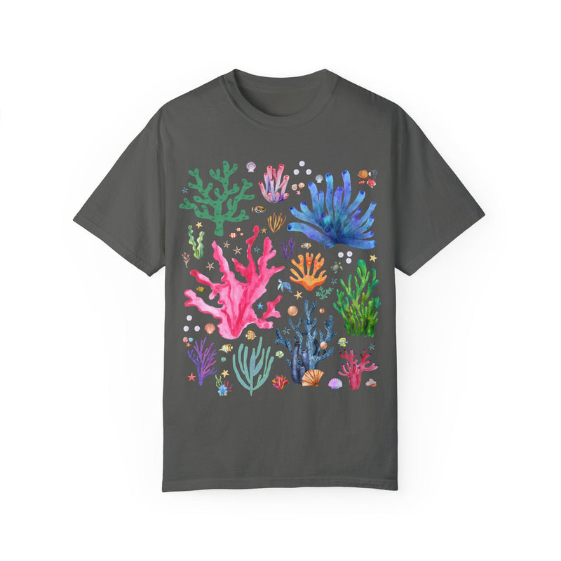Watercolor Ocean Coral T-Shirt with Vintage Aesthetic Fish and Starfish, Boho Nautical T-Shirt for Swimmer Who Loves the Ocean and Shells - Opal and June