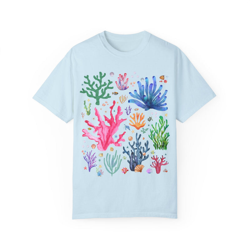 Watercolor Ocean Coral T-Shirt with Vintage Aesthetic Fish and Starfish, Boho Nautical T-Shirt for Swimmer Who Loves the Ocean and Shells - Opal and June