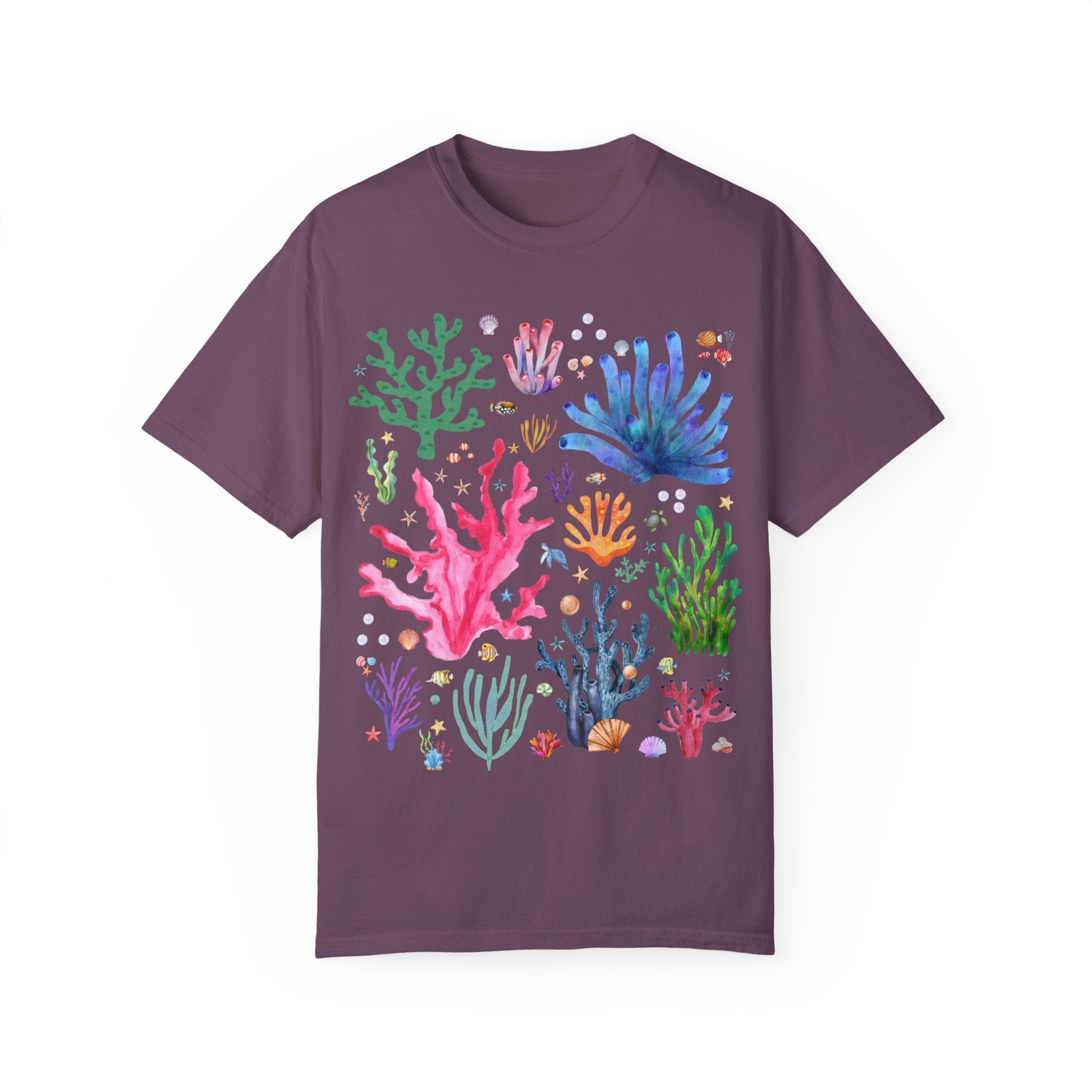 Watercolor Ocean Coral T-Shirt with Vintage Aesthetic Fish and Starfish, Boho Nautical T-Shirt for Swimmer Who Loves the Ocean and Shells - Opal and June