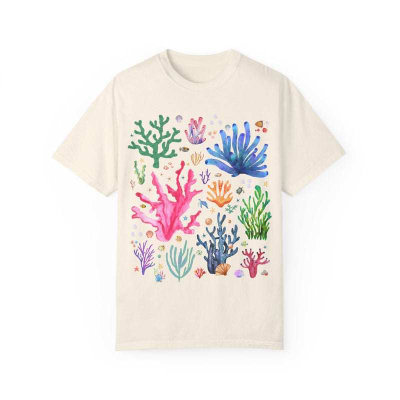 Watercolor Ocean Coral T-Shirt with Vintage Aesthetic Fish and Starfish, Boho Nautical T-Shirt for Swimmer Who Loves the Ocean and Shells - Opal and June