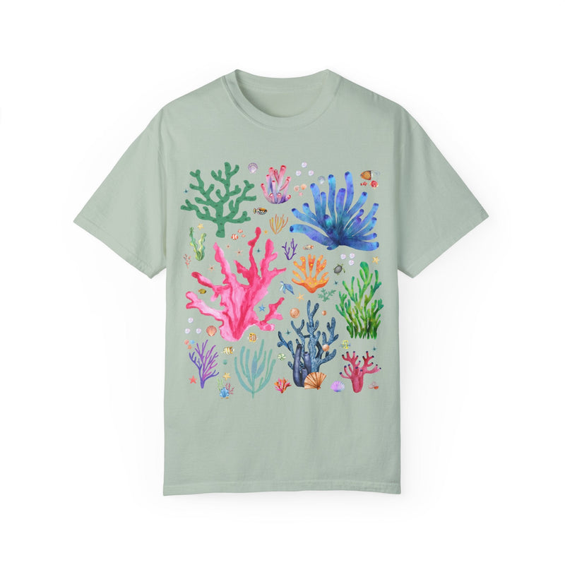 Watercolor Ocean Coral T-Shirt with Vintage Aesthetic Fish and Starfish, Boho Nautical T-Shirt for Swimmer Who Loves the Ocean and Shells - Opal and June