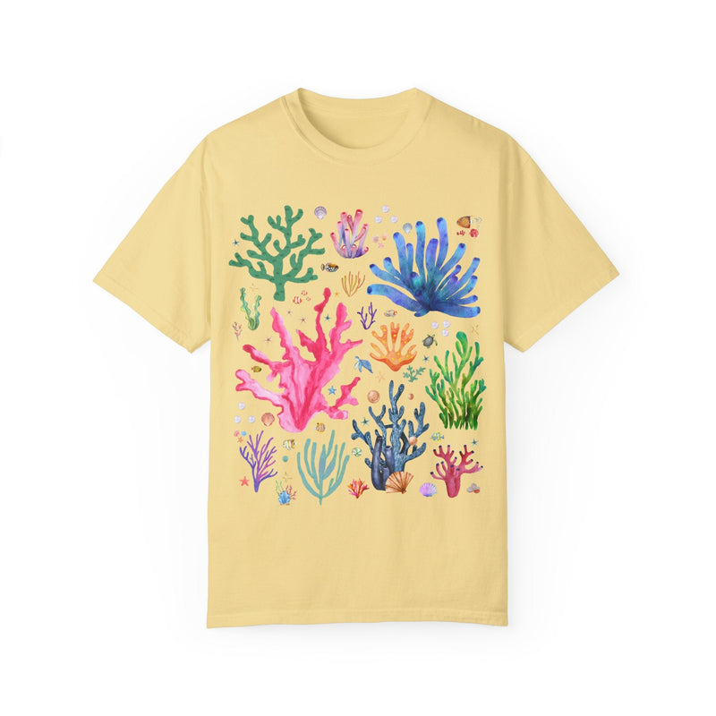 Watercolor Ocean Coral T-Shirt with Vintage Aesthetic Fish and Starfish, Boho Nautical T-Shirt for Swimmer Who Loves the Ocean and Shells - Opal and June