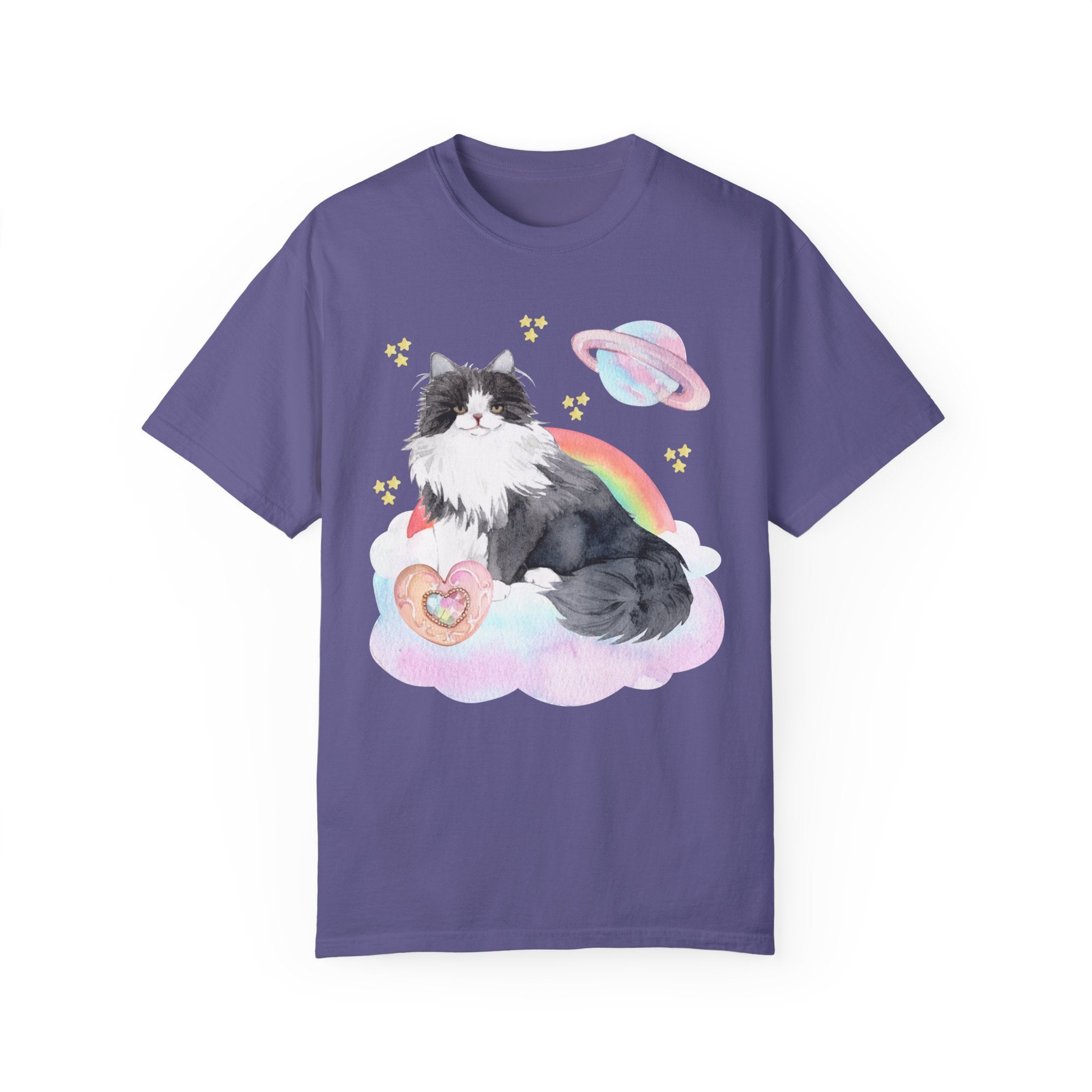 Watercolor Space Cat Tee Shirt: 90s Throwback Tee with Rainbow and Mystical Details | Kitschy Maximalist Style Shirt for Nostalgic Cat Mom - Opal and June