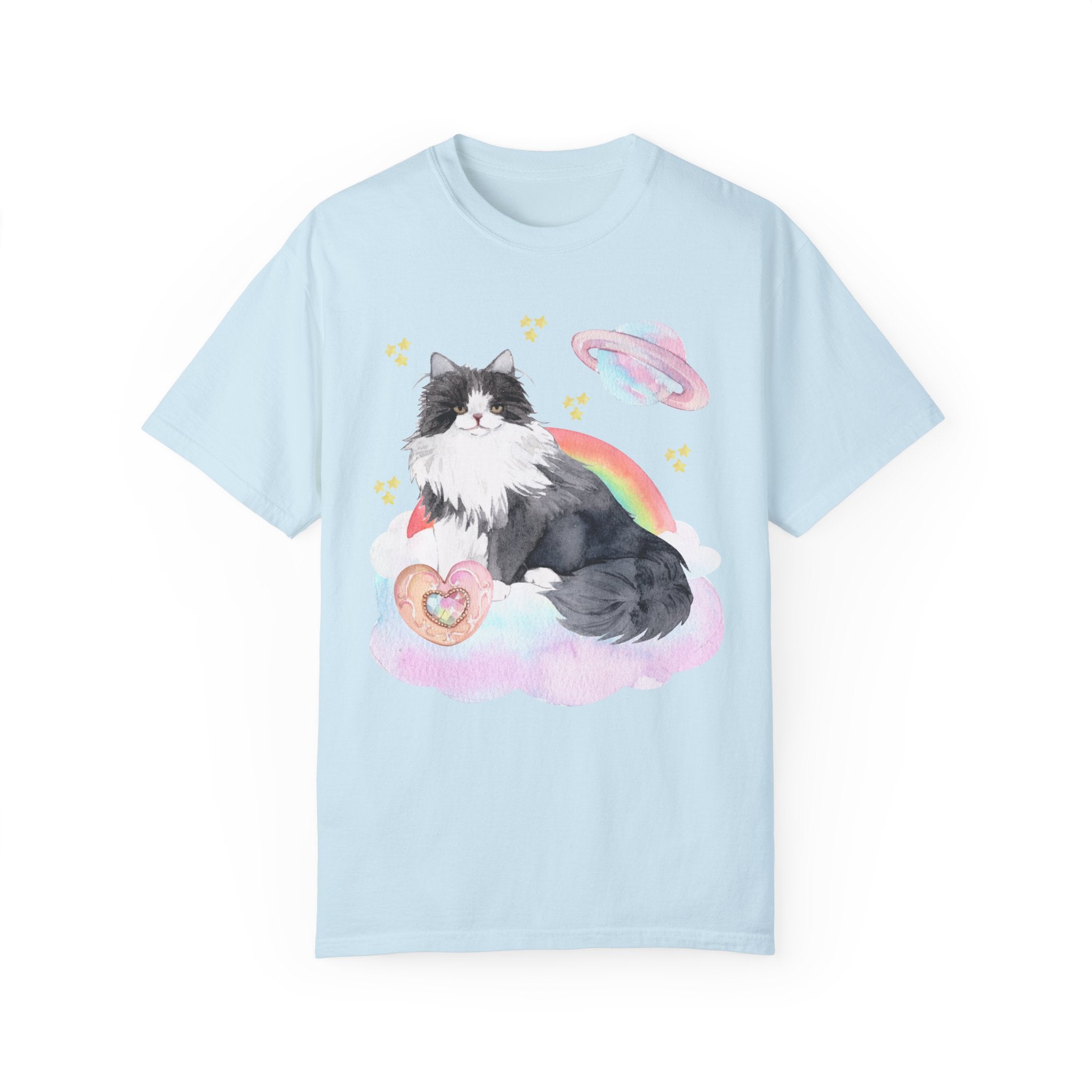 Watercolor Space Cat Tee Shirt: 90s Throwback Tee with Rainbow and Mystical Details | Kitschy Maximalist Style Shirt for Nostalgic Cat Mom - Opal and June