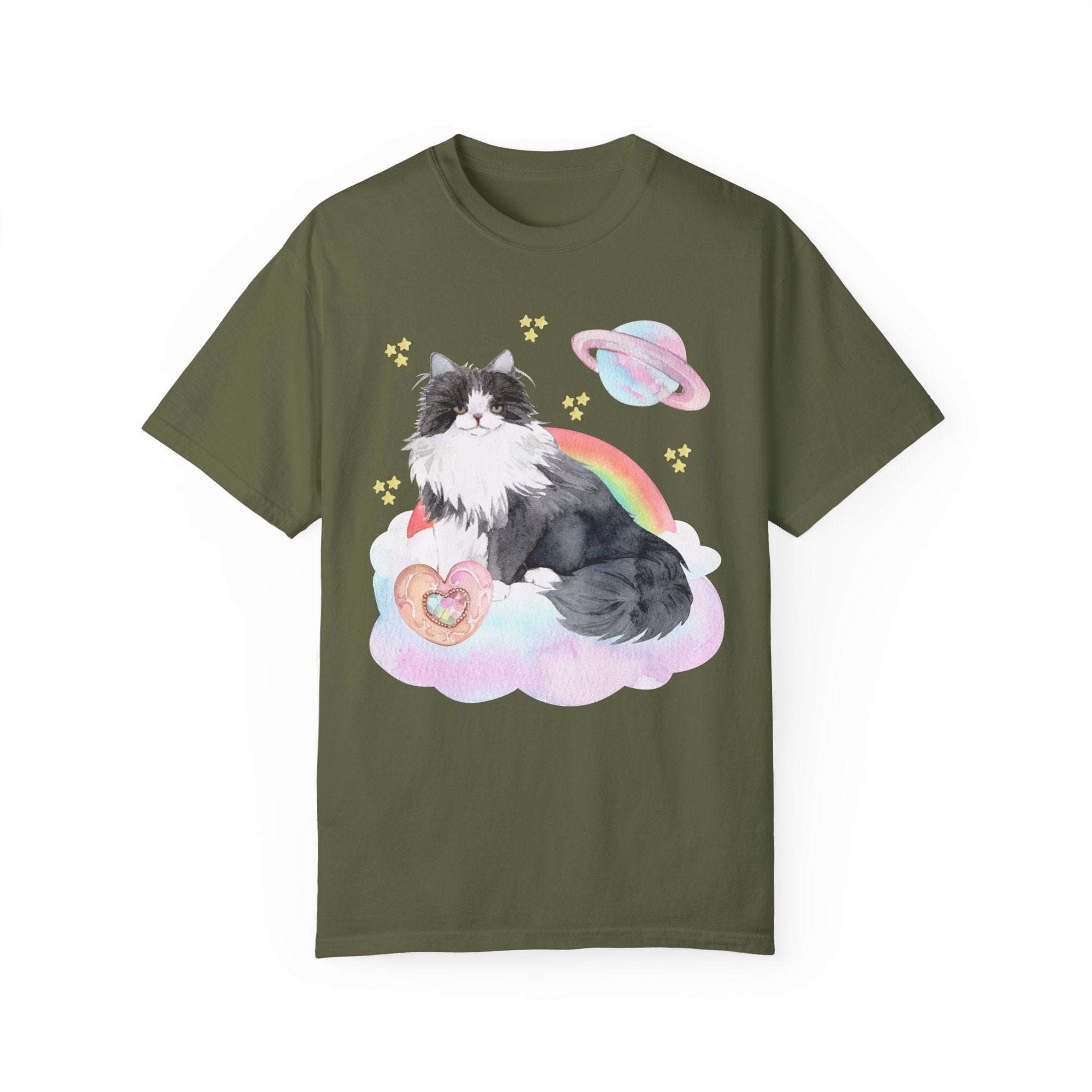 Watercolor Space Cat Tee Shirt: 90s Throwback Tee with Rainbow and Mystical Details | Kitschy Maximalist Style Shirt for Nostalgic Cat Mom - Opal and June