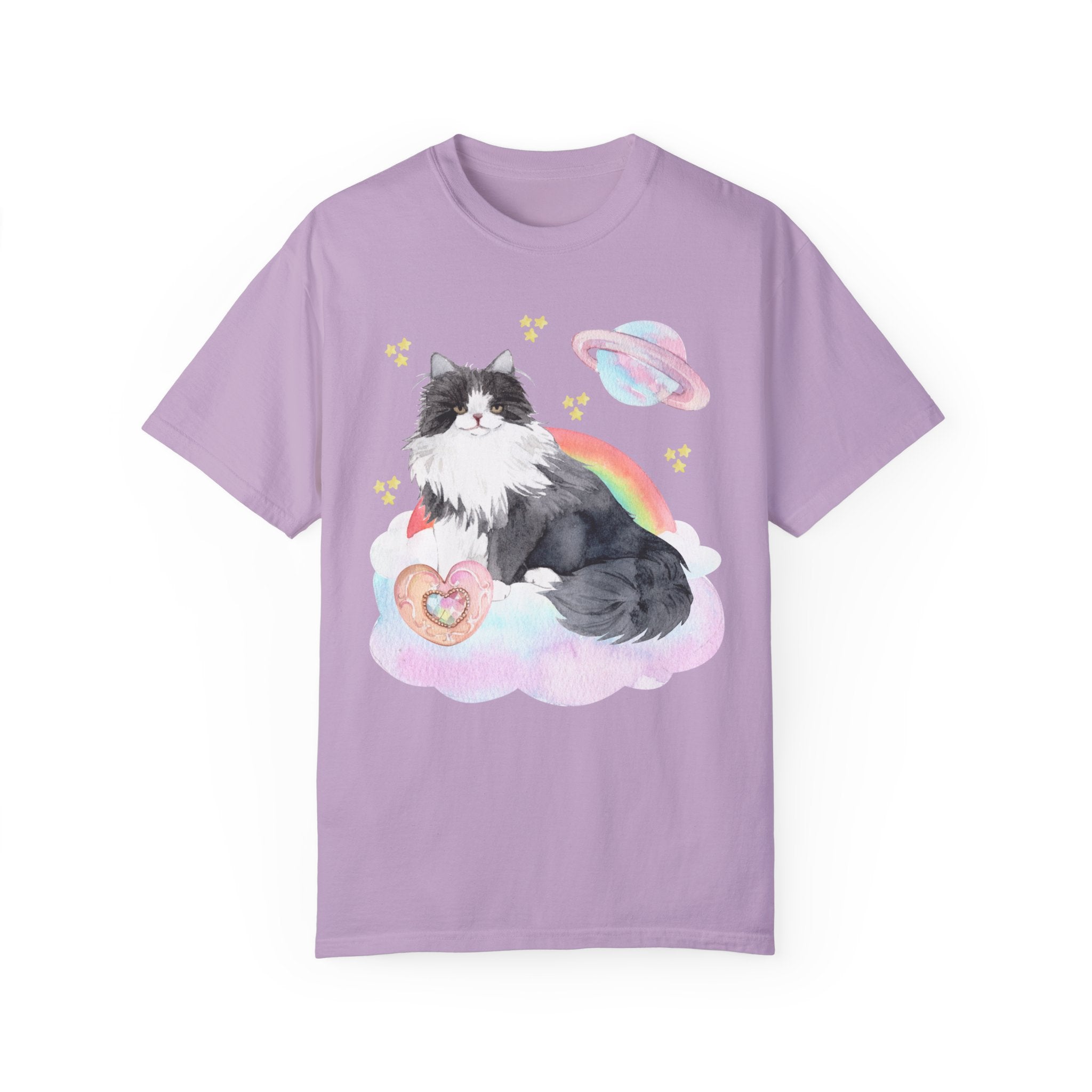 Watercolor Space Cat Tee Shirt: 90s Throwback Tee with Rainbow and Mystical Details | Kitschy Maximalist Style Shirt for Nostalgic Cat Mom - Opal and June