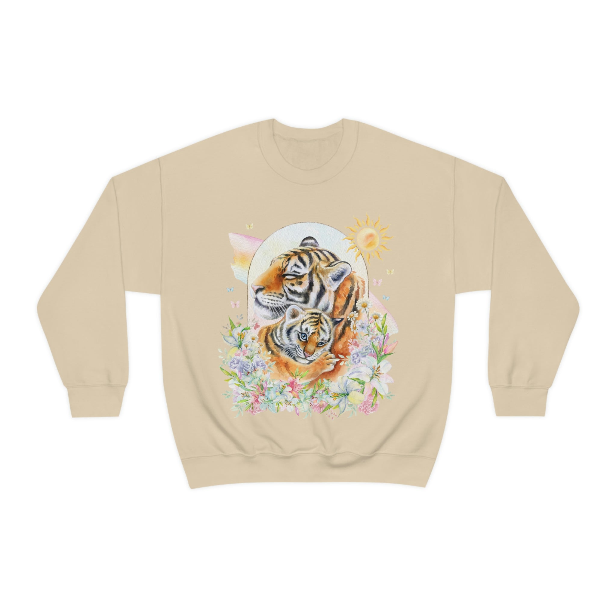 Watercolor Tiger Sweatshirt with Flowers: Eighties Floral Aesthetic - Opal and June