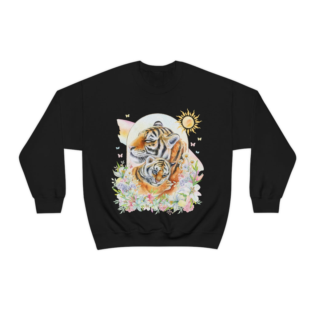 Watercolor Tiger Sweatshirt with Flowers: Eighties Floral Aesthetic - Opal and June