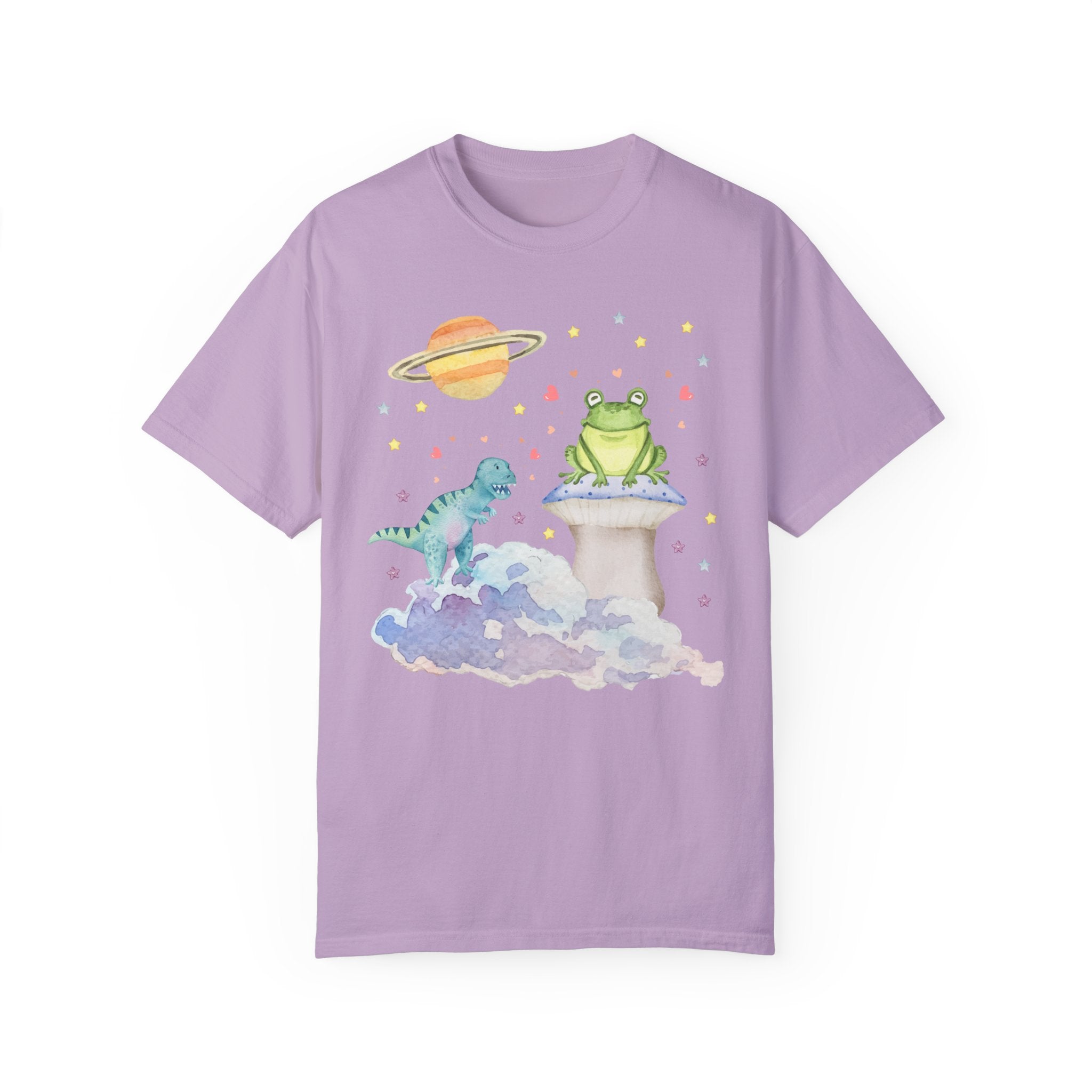 Whimsical Weirdcore T-Shirt with Adorable Dinosaur and Frog in Light Purple: Mystical Vibe Tee with Pastel Colors, 90s Aesthetic  Cute Throwback Shirt
