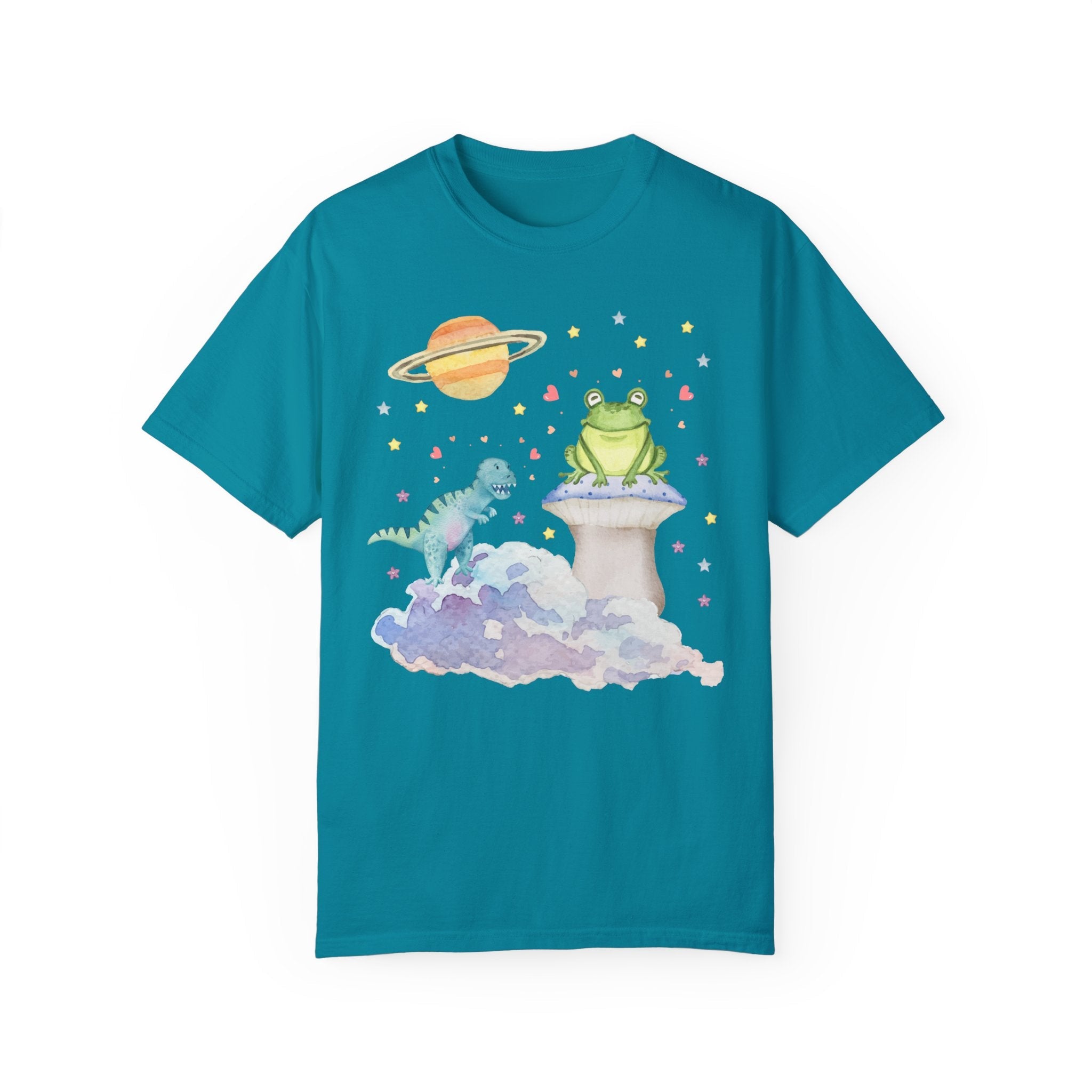 Whimsical Weirdcore T-Shirt with Adorable Dinosaur and Frog in Teal: Mystical Vibe Tee with Pastel Colors, 90s Aesthetic  Cute Throwback Shirt