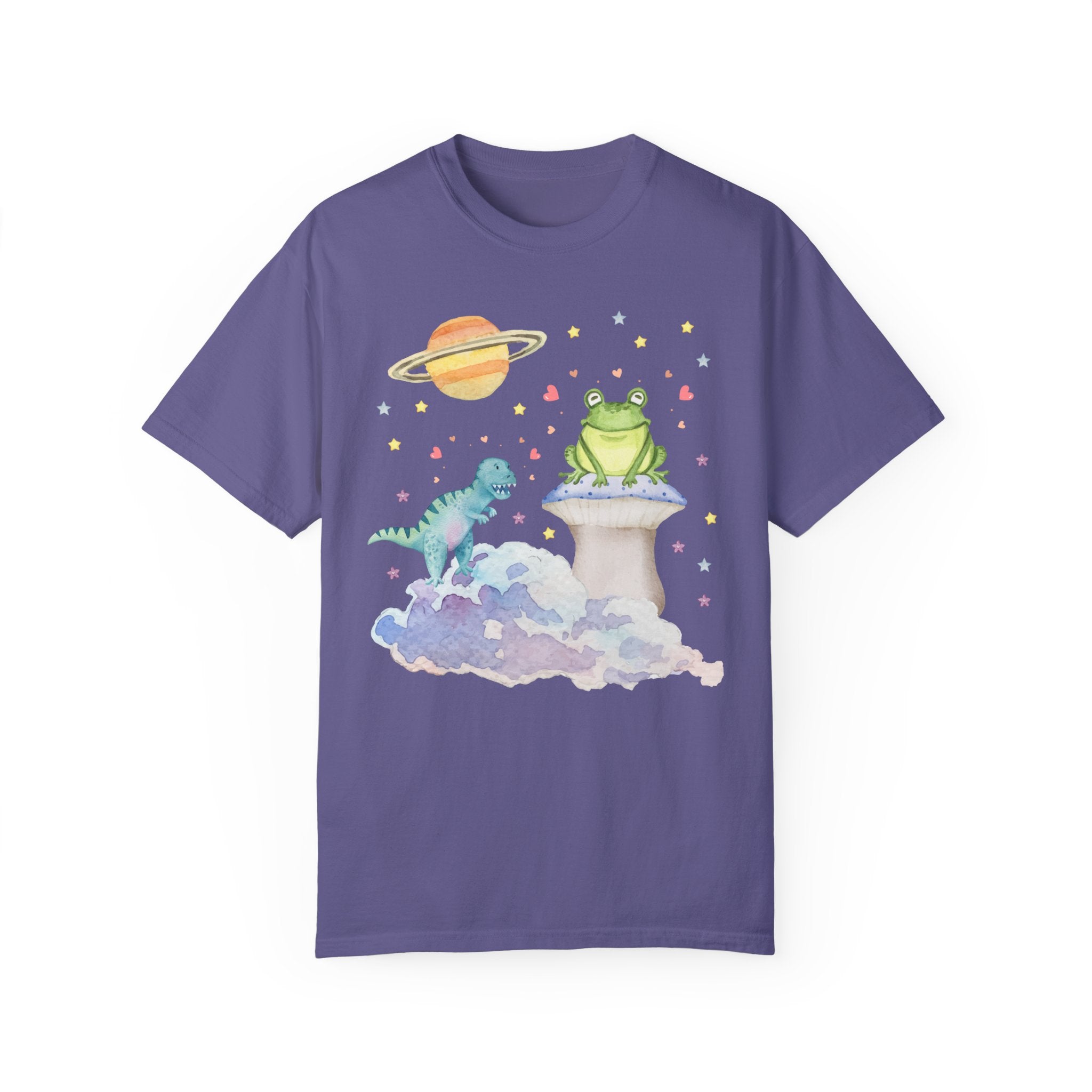Weirdcore Space T-Shirt with Retro Dinosaur and Frog in Purple, Pastel Goth Mystical 90s Style Silly Tee, Starry Aesthetic, Cute Pastel Color Tee 